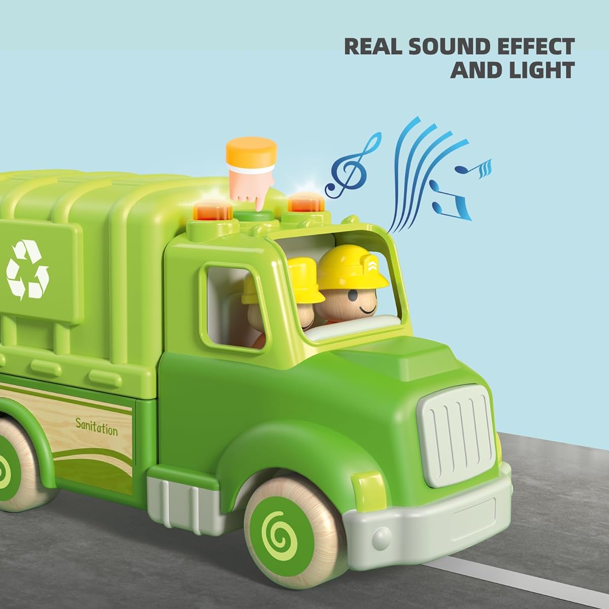 Wanborns Wooden Garbage Truck Toy - Recycling Truck for Toddlers 18M+ for 2 3 4 5 Year Old Kids, Realistic Vehicle with Trash Lifter and Dump Function, Sounds and Lights