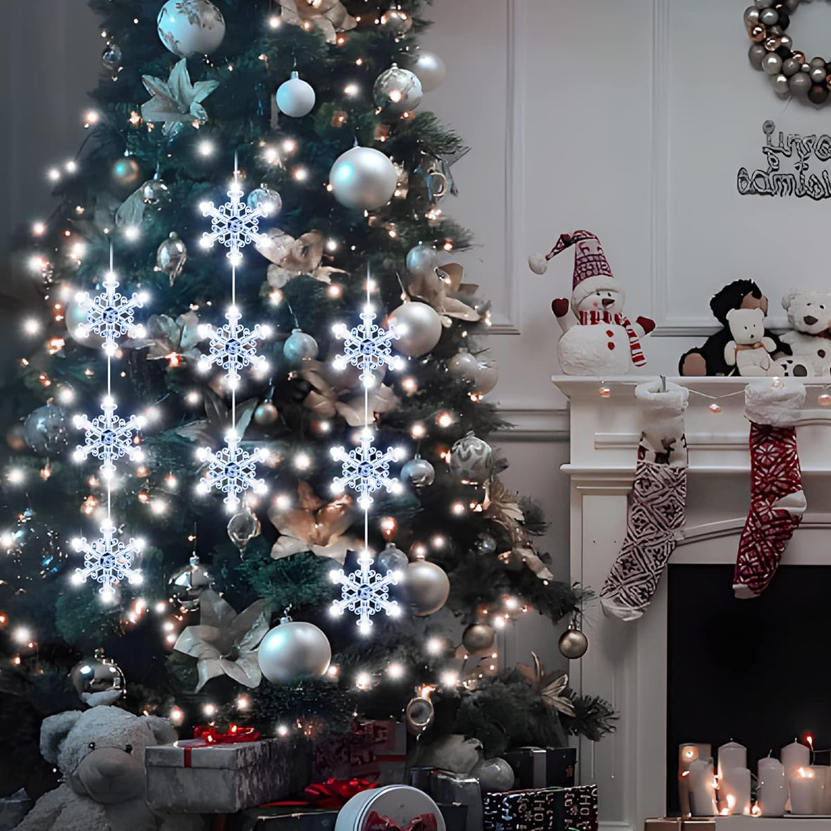 LYUBASA Christmas Window Light Decorations, 3pcs Battery Operated Christmas Window Hanging White Lights Snowflake Shape LED Suction Cup String Lamps for Christmas Tree Fireplace Window Indoor Outdoor Decoration
