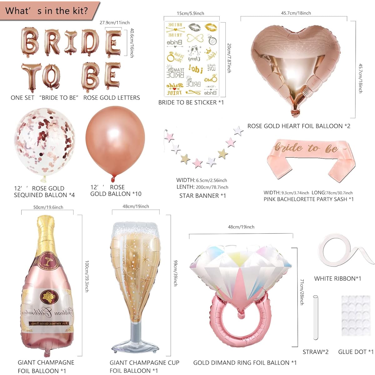 Banugo Bachelorette Party Decorations Kit Rose Gold Bridal Shower Party Decorations and Supplies Bride to Be Balloons, Rings & Champagne Foil Balloons for Bridal Shower/Bachelorette Party (Pink)