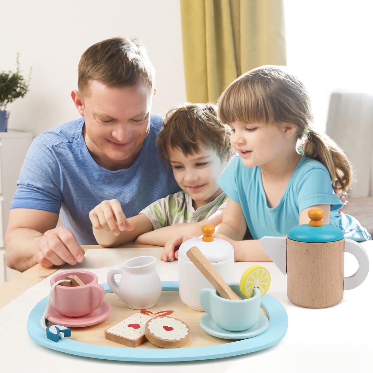 Steventoys Wooden Tea Set for Little Girls, Wooden Tea Time Toys, Toddler Tea Set, Kids Kitchen Pretend Play Tea Party Set for Girls and Boys