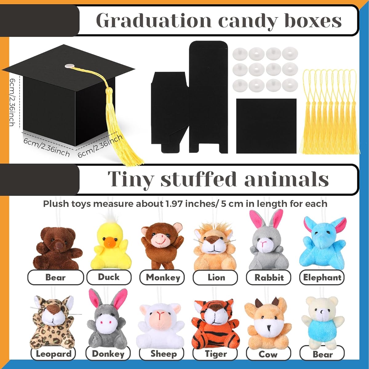 Graduation Gift Set Mini Stuffed Animal Toys Keychain Graduation Candy Box with Gold Tassel Teacher Student Classroom Prize Graduation Party Favors (48 Pieces)