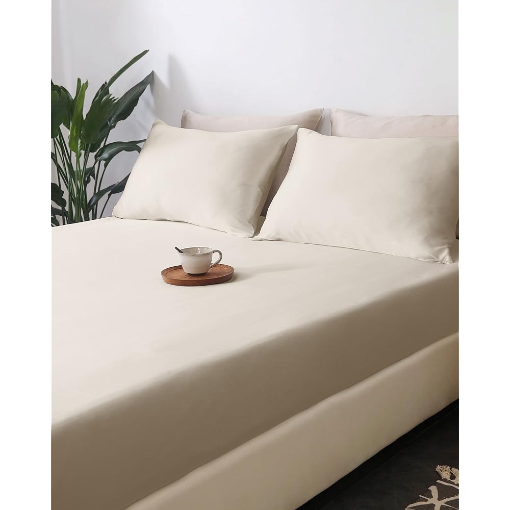 Yumeno Silk Silk Sheet Fitted Sheet Bed Sheet Queen 160 x 200cm Depth 25cm Mattress Cover Bedspread 100% Silk 19 Momme Silk Natural 6A Gloss Dust Mite Resistant Antibacterial Odor Resistant Washable Gentle Texture No Seams Easy to Put On and Take Off Pla