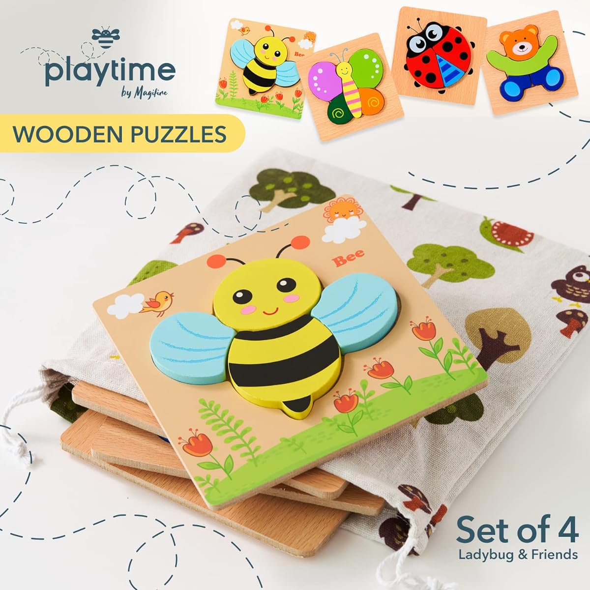 Magifire Wooden Puzzles for Toddlers - Set of 4 - Early Development STEM Toys for Toddlers Ages 1-3 - Ladybug, Bear, Bee, Butterfly