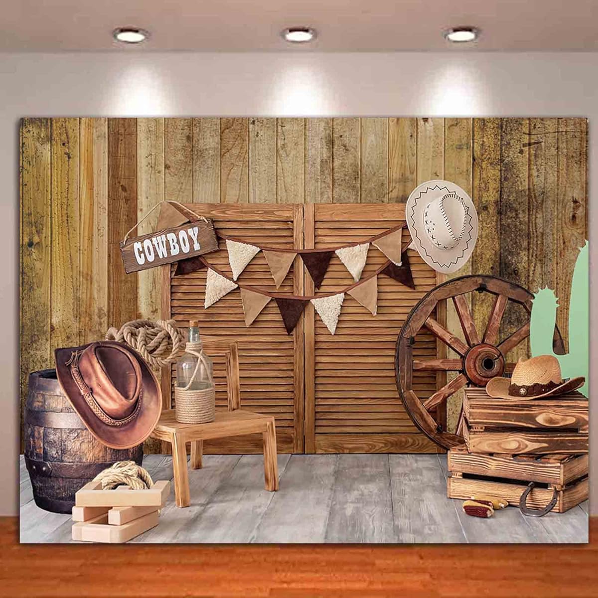 Western Cowboy Theme Photo Backdrop 72.8 x 43.3 Inch Old Western Cowboy Kids Birthday Party Photo Booth Props Banner Wild West Wooden House Barn Door Photo Backdrop Decor