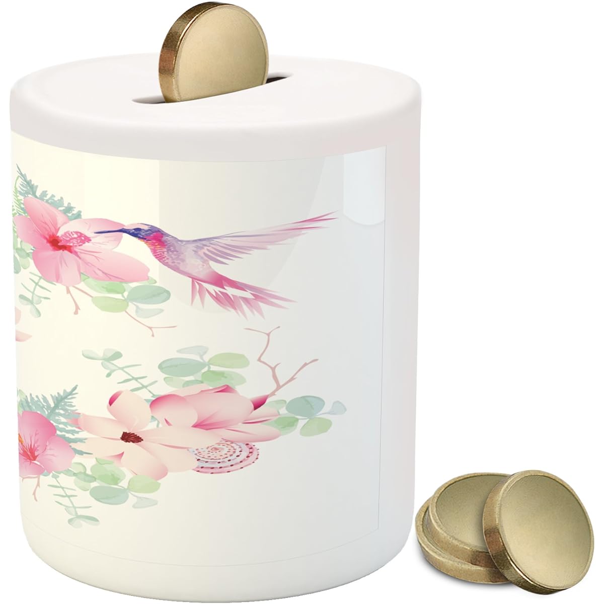 Ambesonne Hummingbird Money Box, Flying Hummingbirds and Tropical Flowers Wild Nature Blooms, Ceramic Money Box for Savings, Pale Pink Pale Green Purple