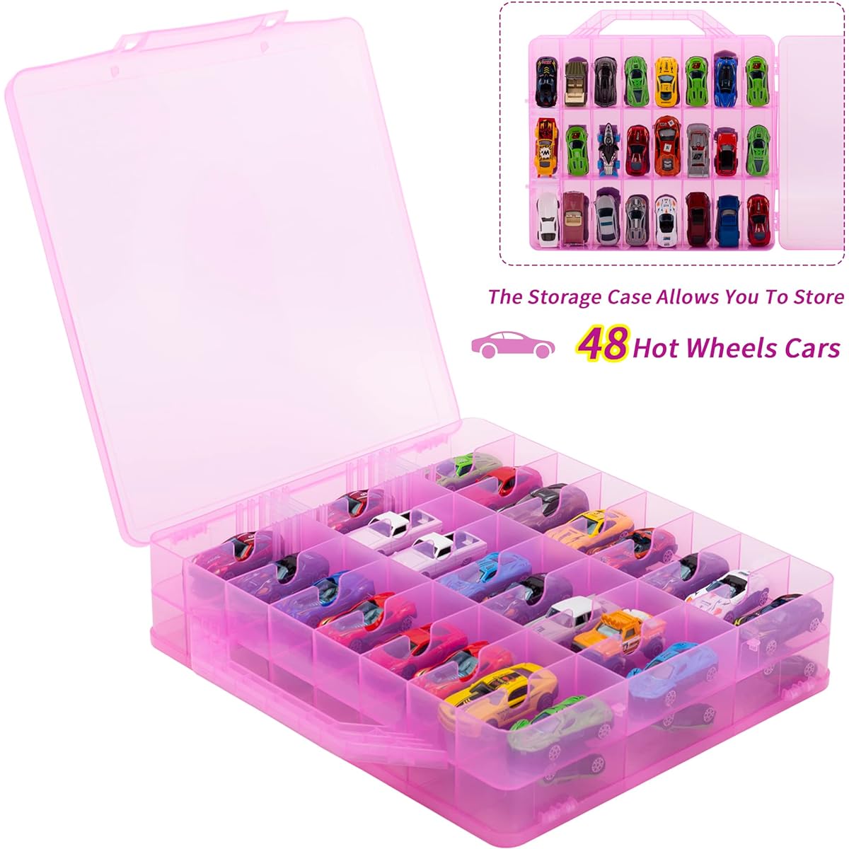KISLANE Double Sided Toy Car Storage Case for 48 Hot Wheels Matchbox Cars Mini Toys Small Dolls Portable Transparent Storage Case for Hot Wheels Matchbox Cars 48 Compartments Case Only