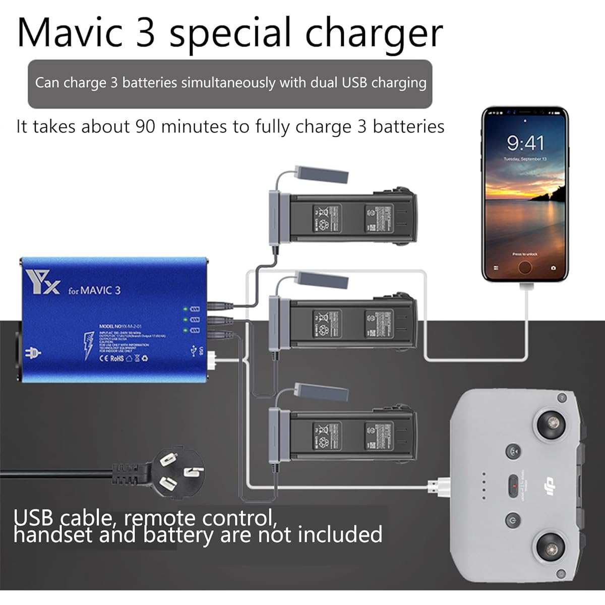 AIROKA Mavic 3 5-in-1 Battery Charger for DJI Mavic 3 Pro/Mavic 3 Classic/Mavic 3 Drone Battery Rapid Multi-Parallel Fast Charging Hub Accessory