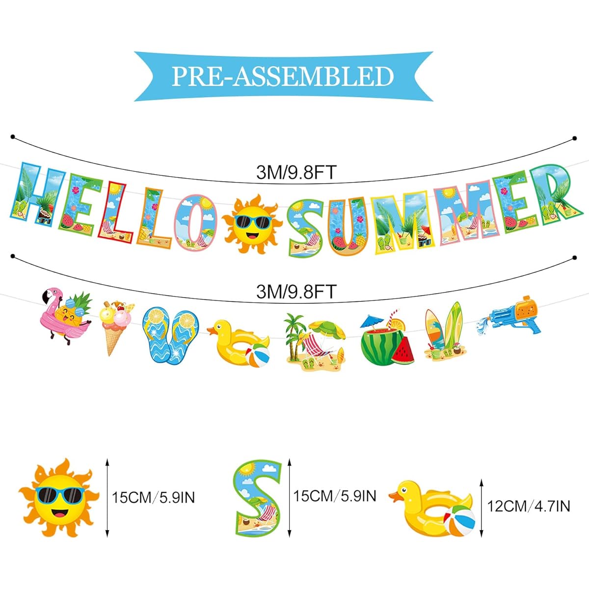 PTFNY Hello Summer Banner Tropical Beach Pool Splash Bash Theme Banner Colorful Summer Drop Banner Garland Summer Vacation Birthday Party Decoration