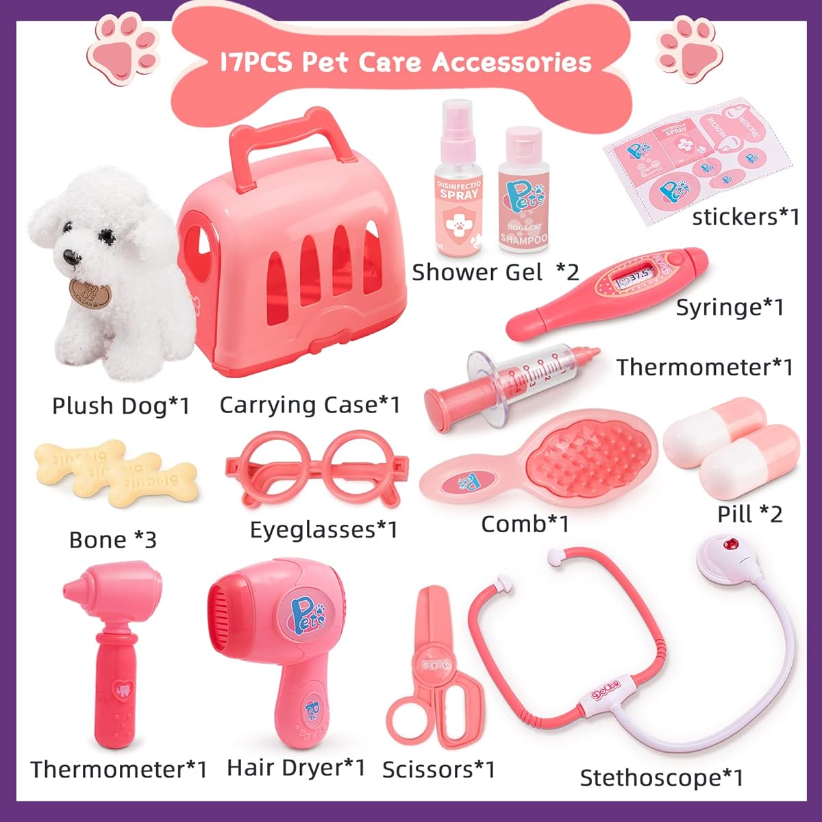 KidEwan 17 Piece Veterinarian Kit for Kids Pet Care Cage Playset Doctor Kit for Kids Doctor Medical Pretend Role Play Dog Grooming Toy Plush Toy for Boys and Girls 3 4 5 6 7 8 Years Old