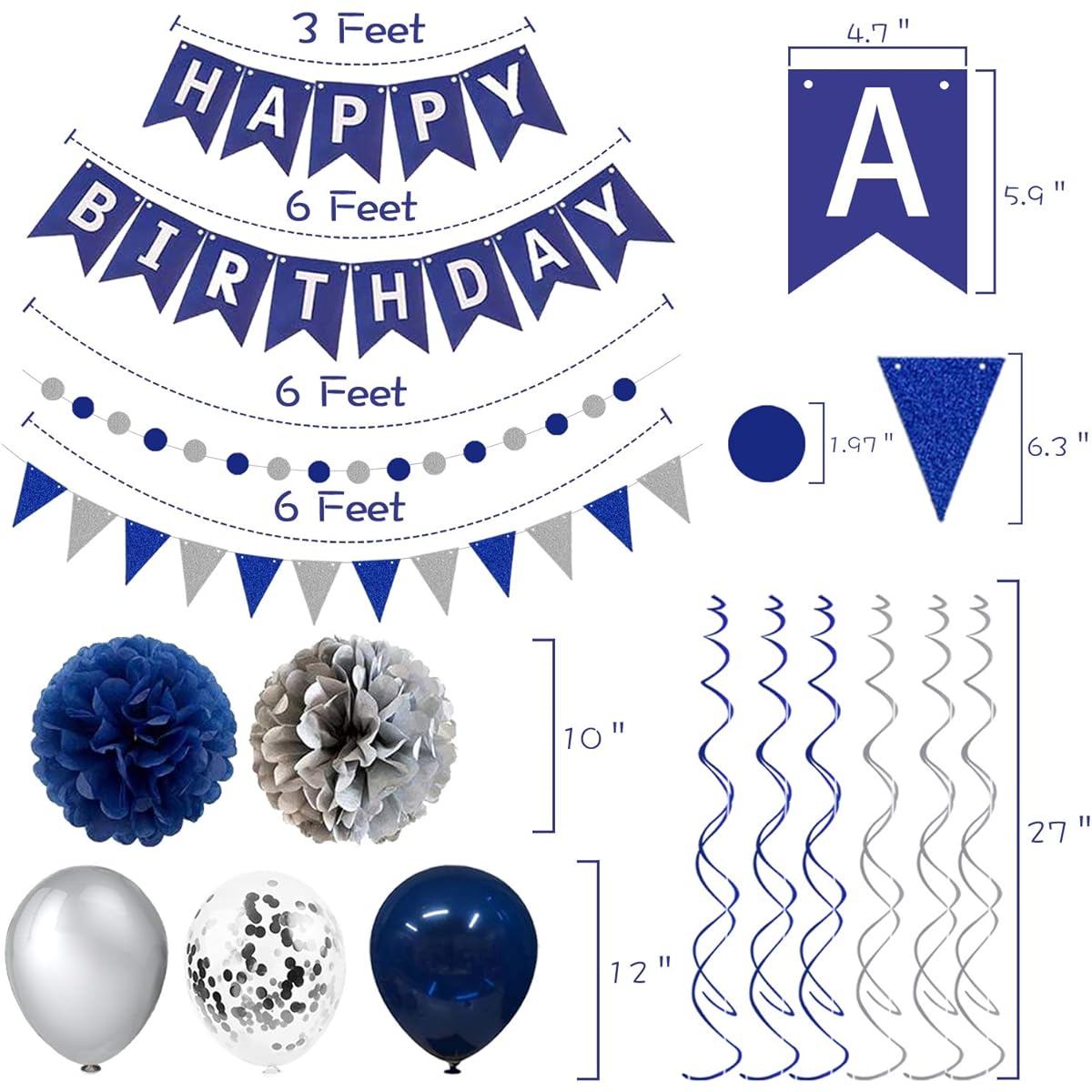 Navy Blue Silver Birthday Decorations Happy Birthday Party Supplies for Men Women Boys HAPPY BIRTHDAY Banner Tissue Paper Flower Pom Poms Pennants Circle Dots String Latex Balloons