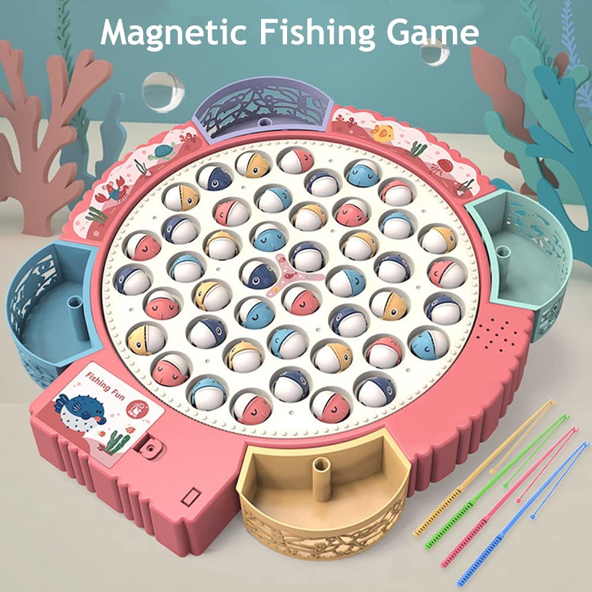 TuKIIE Magnetic Fishing Game Toy Poles and Rods Fish Board with Spinning Music, 45 Fish and 4 Fishing Rods, Fine Motor Skills Training, Birthday Gift for Kids Toddlers Boys Girls (Pink)