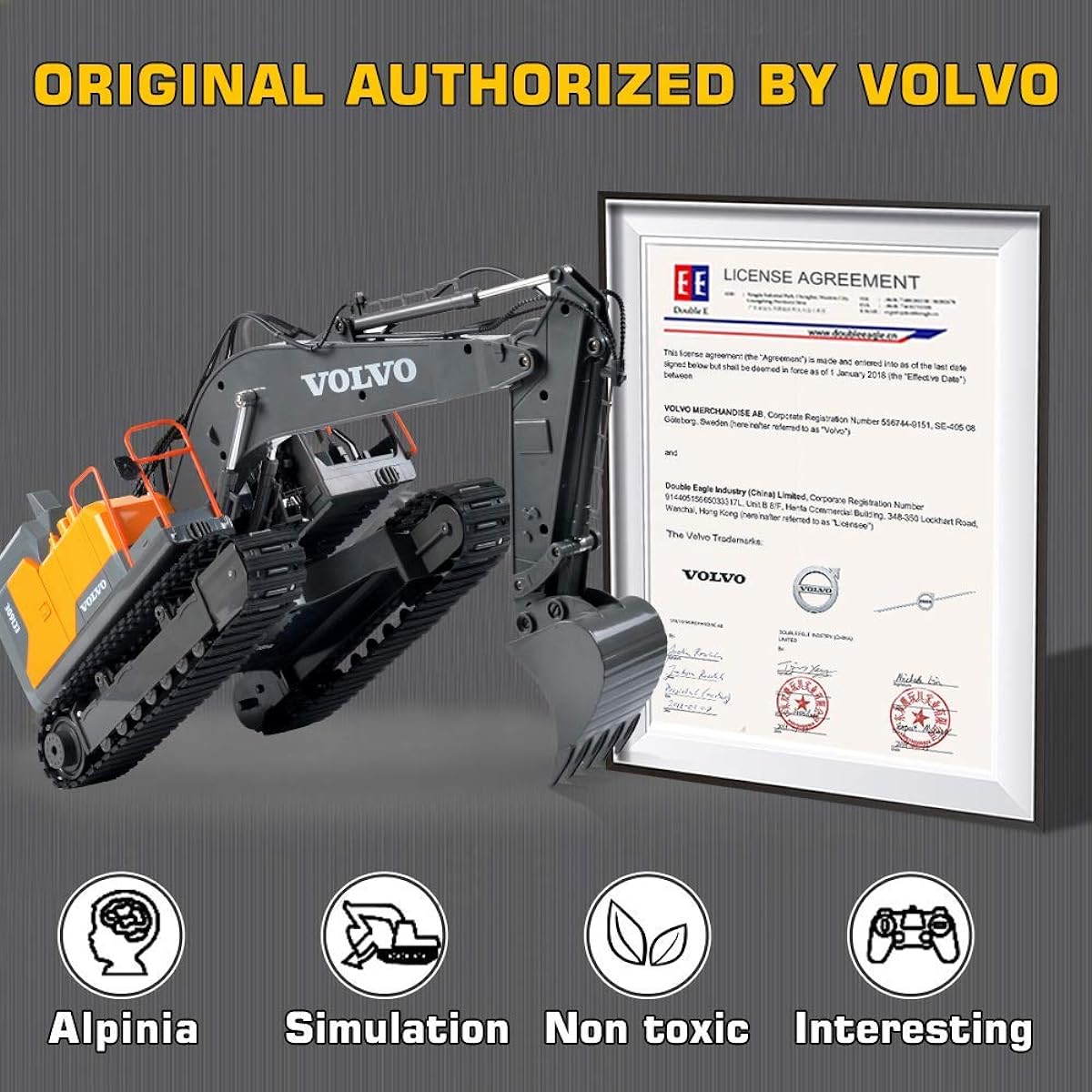 DOUBLE E Volvo RC Excavator 17 Channel 3 in 1 Construction Toys 17 Channel Remote Control Vehicle Tractor Sandbox Toy Digger Metal Shovel Drill Grab RC Truck for Kids Adults