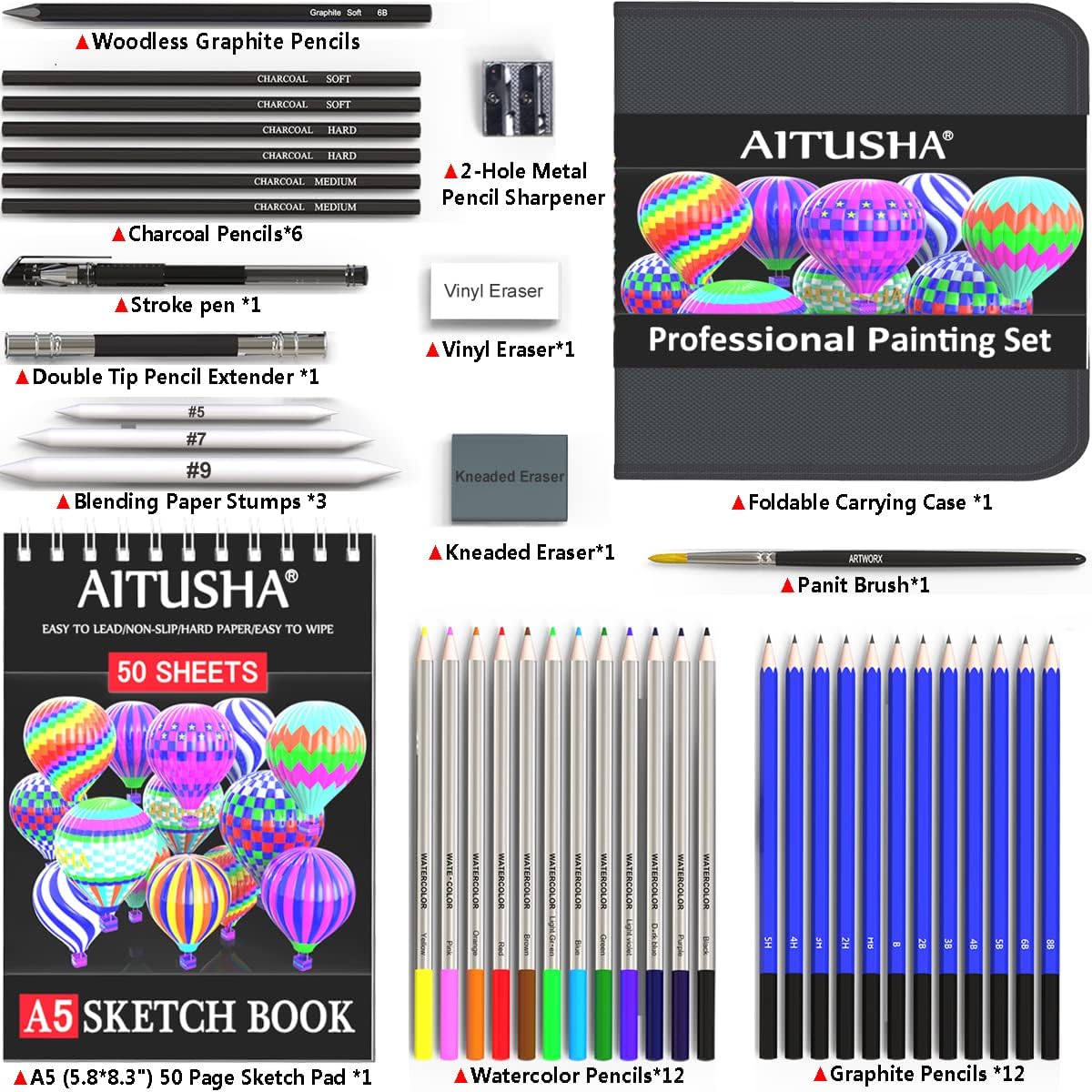 AITUSHA 42-Piece Drawing & Sketching Kit, Comprehensive Art Set for Artists, Watercolor Pencils, Sketching Kit, 50 Pages Sketchbook, Black Zipper Case, Perfect Gift for Artists