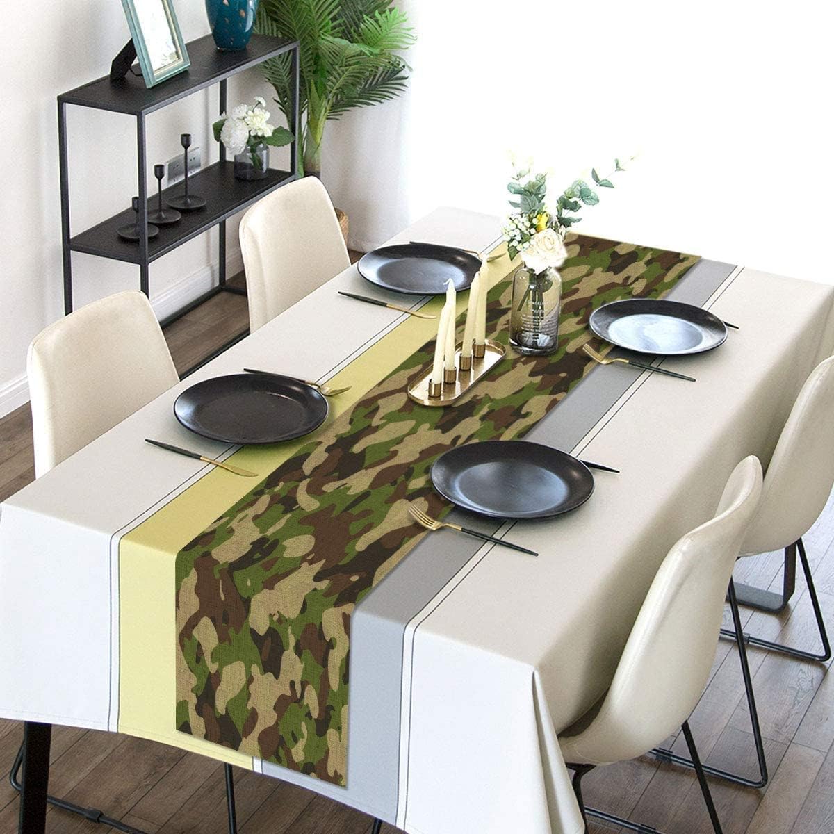 Linen Camouflage Table Runner Army Military Camo Soldier Hunting Theme Birthday Party Dinner Table Decoration for Home Kitchen Dining (13" x 108")