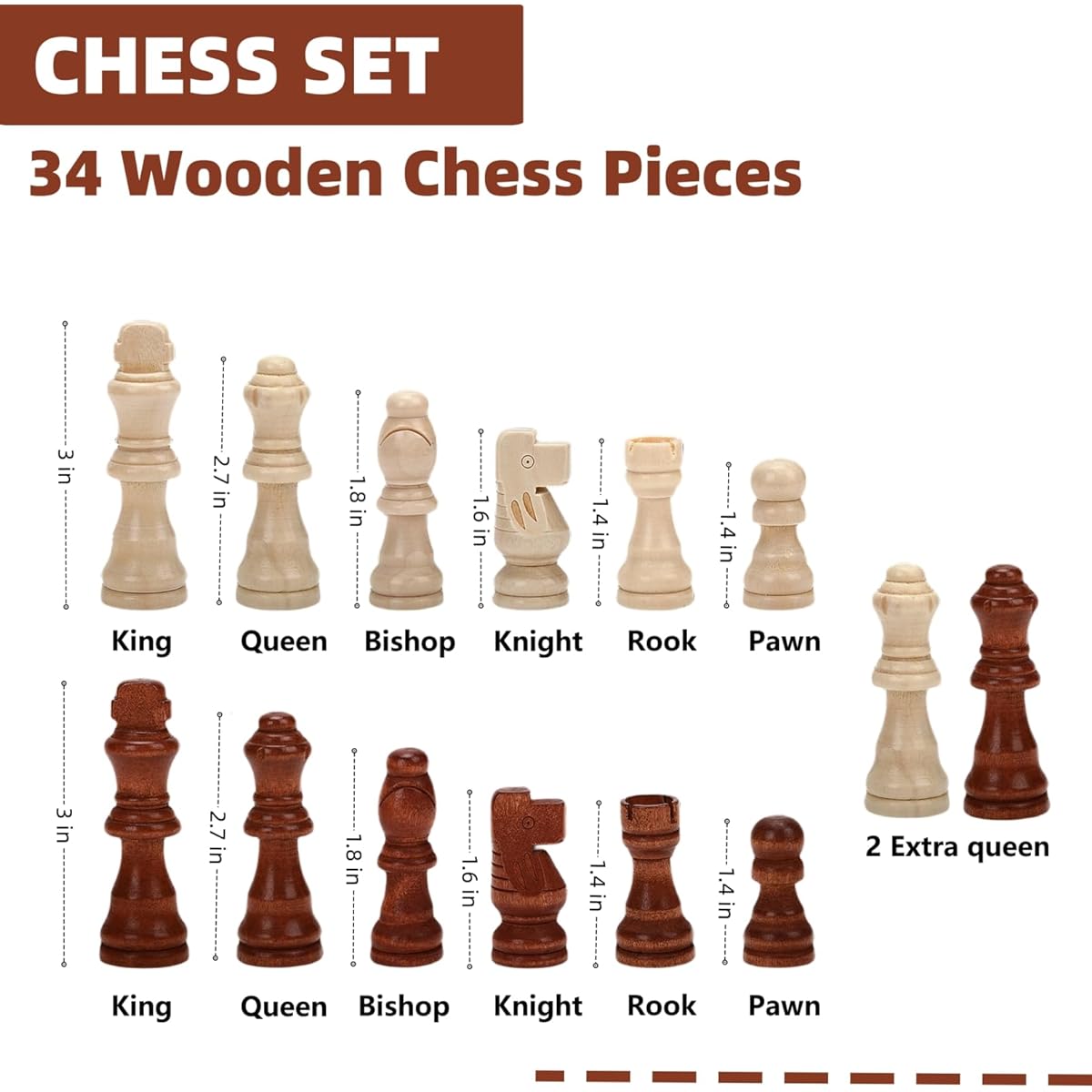 Board Game 15" Wooden Folding Chess & Checkers Set / King Height 3" Staunton Chess Pieces / 2 Extra Queens