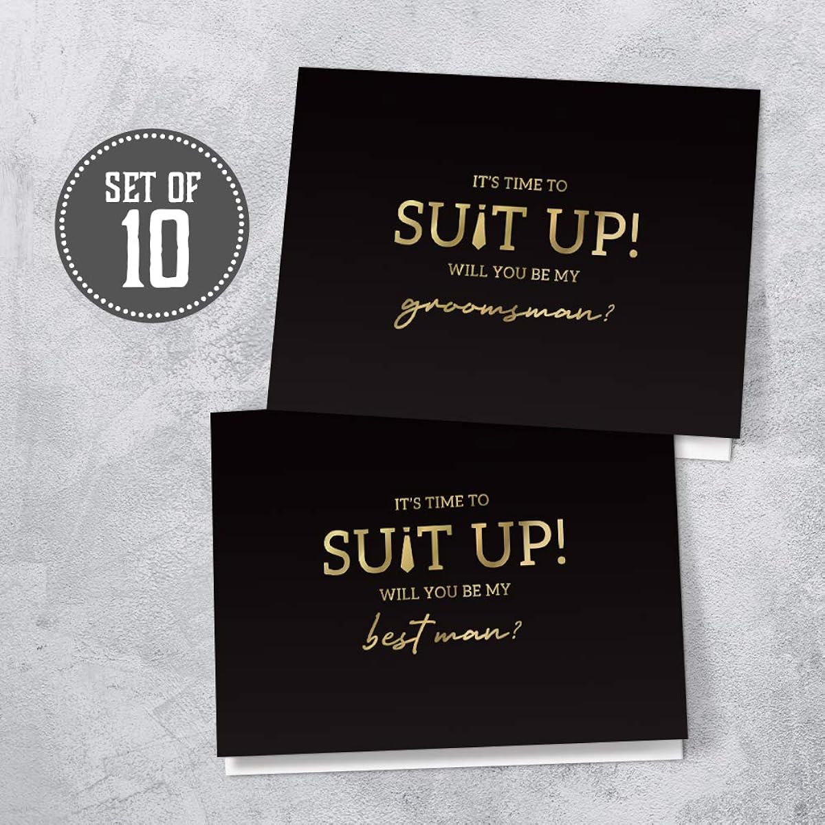 Hat Across Man Marriage Proposal Card | Will You Be My Groomsman 8 Cards and 2 Best Man Cards with Envelopes | Set of 10 Black and Gold Groomsman Cards Perfect for Wedding Party