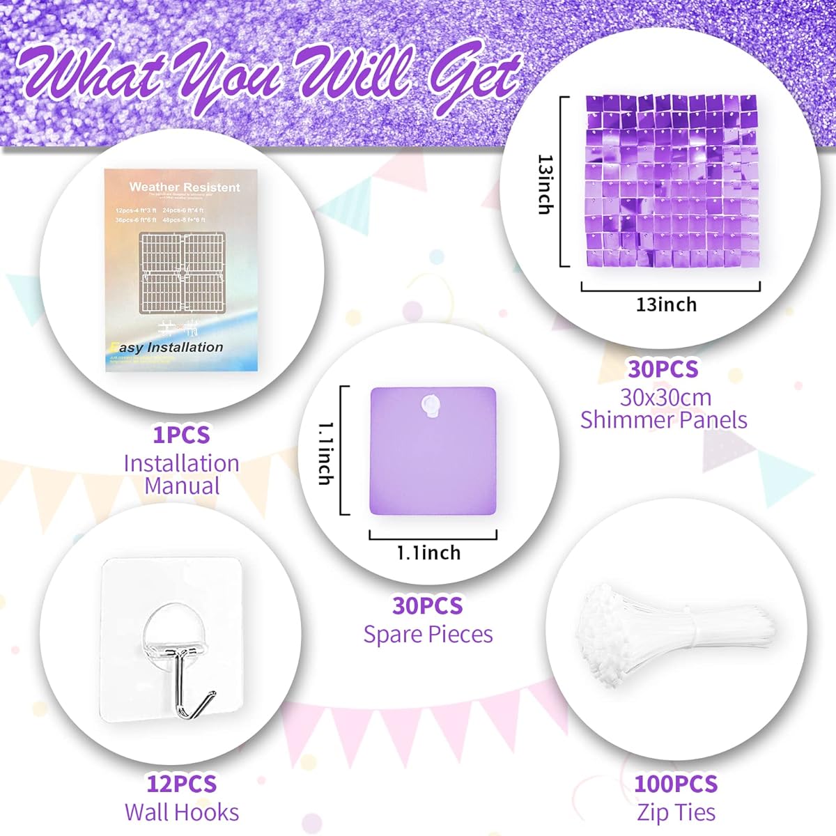 DKCPISCO Purple Shimmer Wall Backdrops 30 Pieces Purple Sequin Backdrops Decorative Panels for Birthday/Anniversary/Wedding/Engagement Decorations and Commercial Activity Display