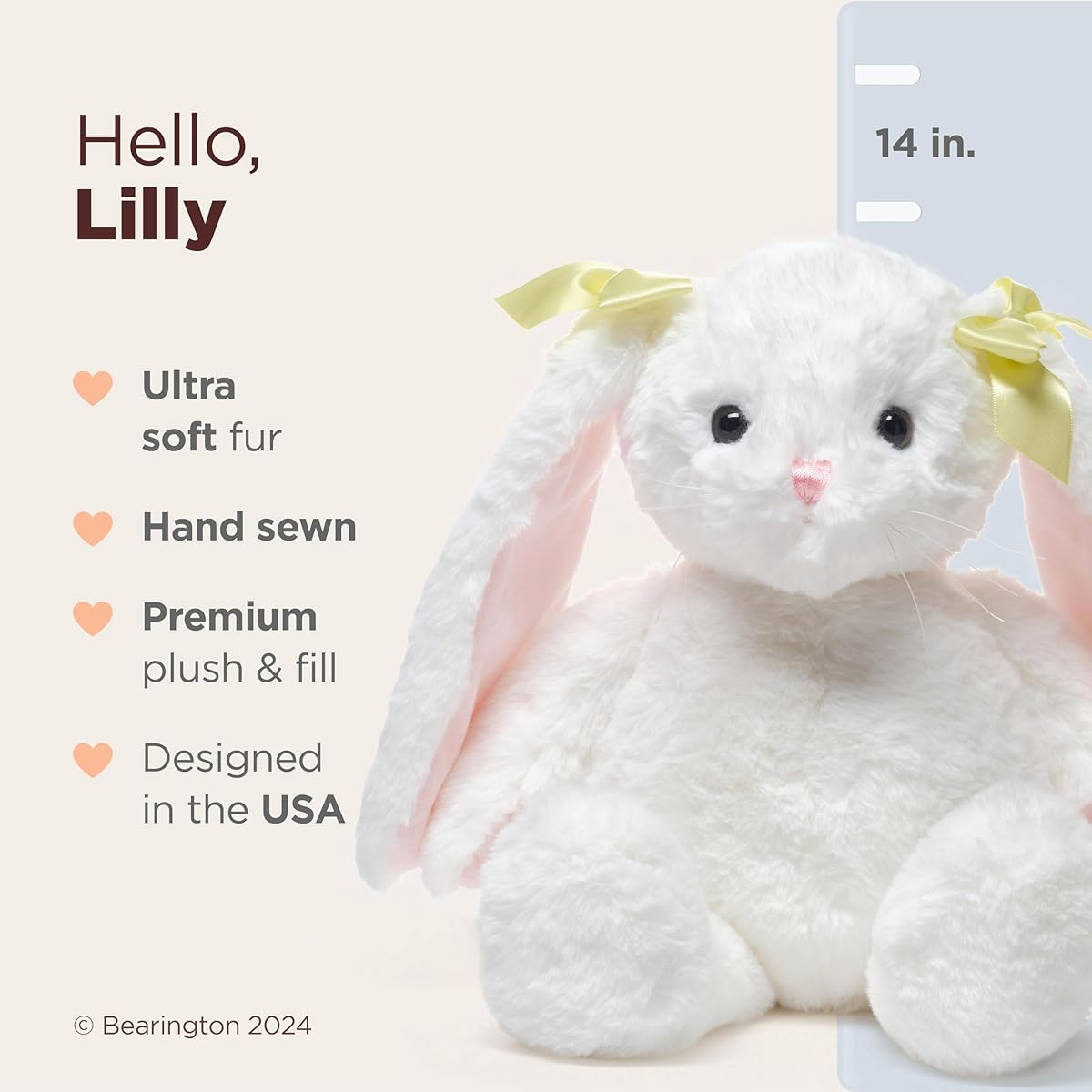 Bearington Stuffed Bunny with White Plush Fur, Premium Fill, Satin Year Bow, Perfect Spring/Easter/Birthday Gift for Kids of All Ages, 14" (Lily)
