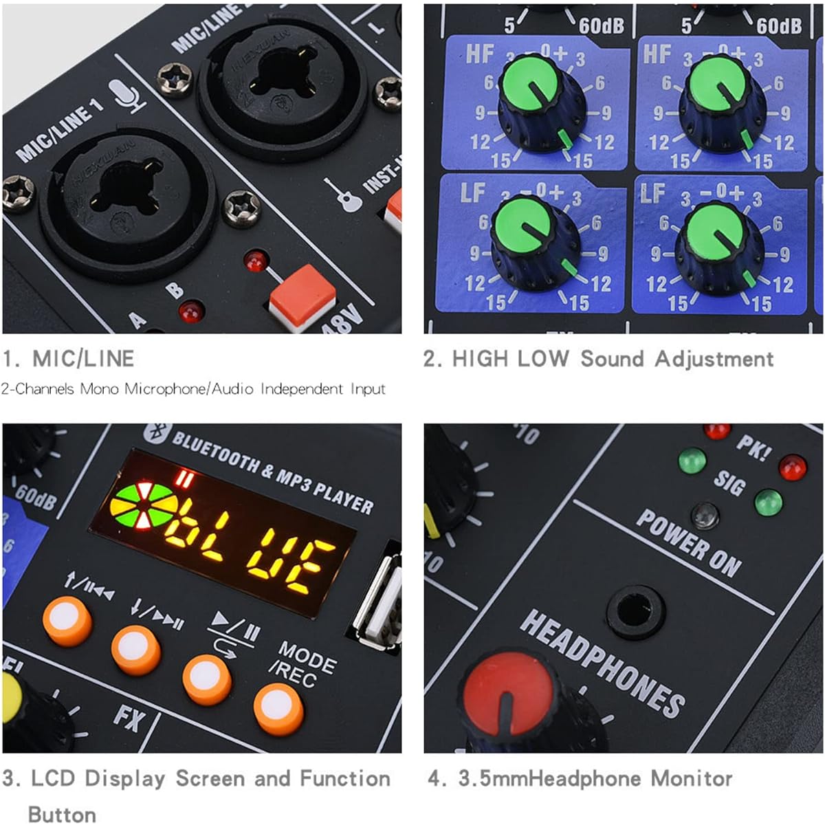 4 Channel Audio Mixer, Professional Bluetooth USB Sound Mixer with Dual Wireless Microphone, MP3 Soundboard Console System for Live Streaming, 16 DSP & Dual L Band Equalizer