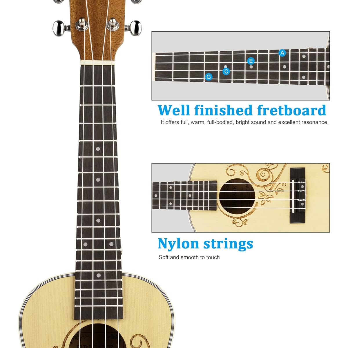Hricane Concert Ukulele 23 Inch Spruce Flower Top Sapele Professional Ukulele Beginner Bag Digital Tuner Strap 4 String Set Pick Cleaning Cloth Included