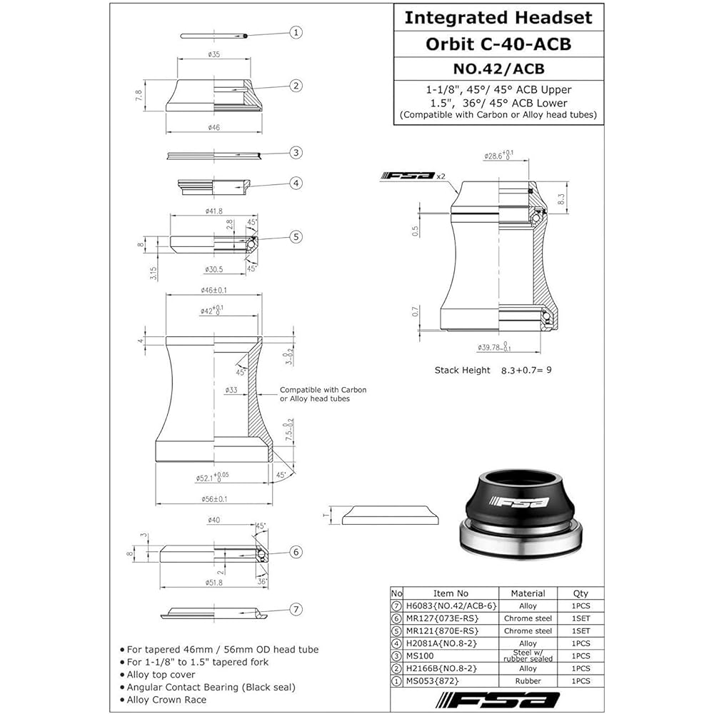 FSA NO.42 ACB-A Integrated Headset Orbit C-40 1-1/8Inches to 1.5Inches Tapered, Red, XTE1633