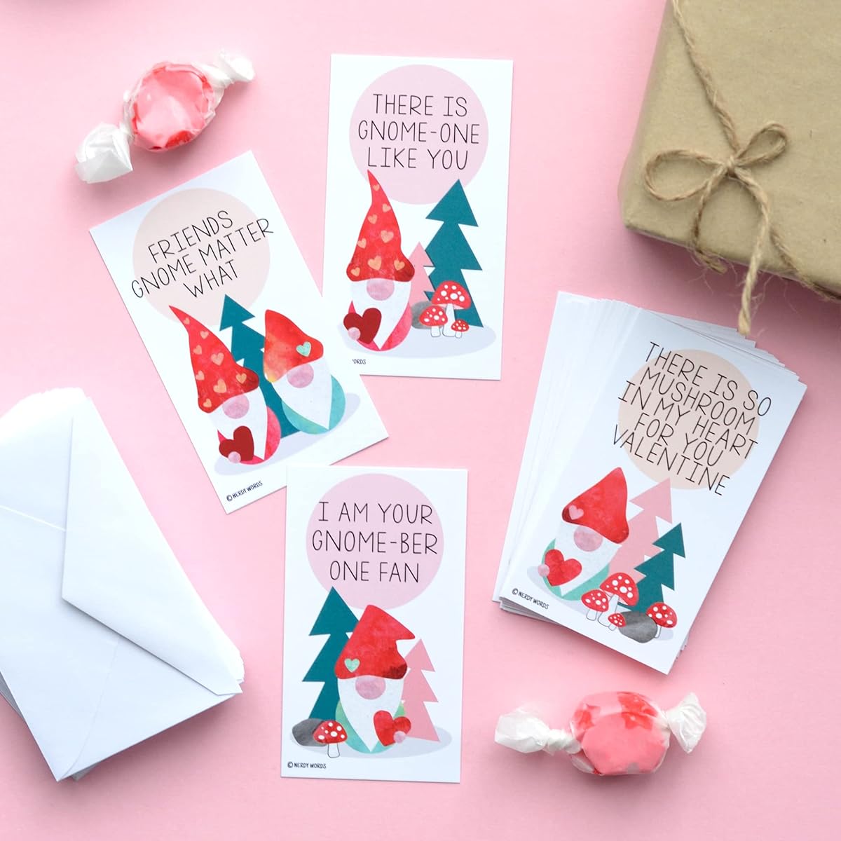 Mini Gnome Valentines (Wallet Sized Cards and Small Envelopes) Valentine's Day Nerdy Words (Set of 32)