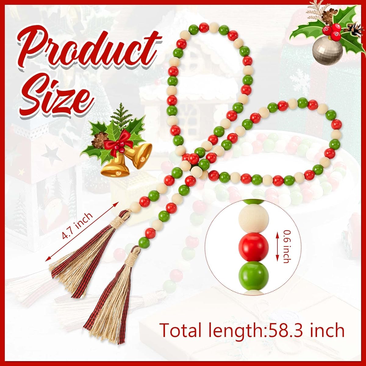 Seasonal Wooden Bead Garland 58.3 Inch Holiday Prayer Beads Garland Farmhouse Boho Decor with Tassels Christmas Wall Coffee Table Decor Rustic Country Decor