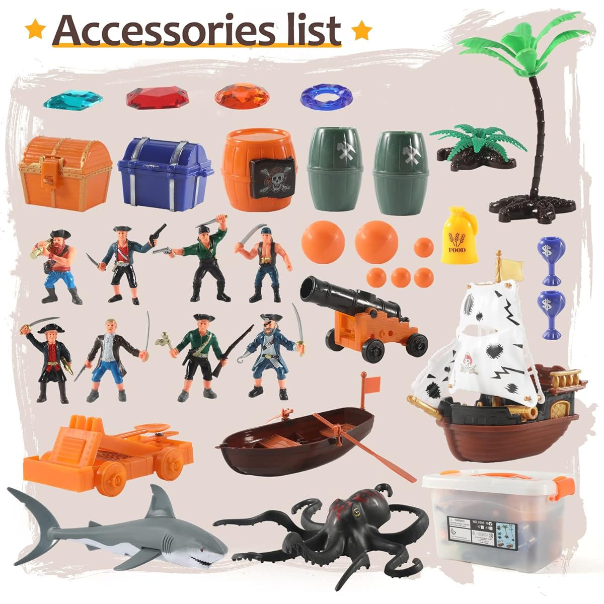Pirate Action Figures Playset with Boat, Treasure Chest, Cannon, Shark, Pirate Ship - Pirate Toy Ship Toys Kids Pretend Adventure Playset Figures Birthday Gifts for Ages 2, 3, 4, 5, 6, Boys, Girls