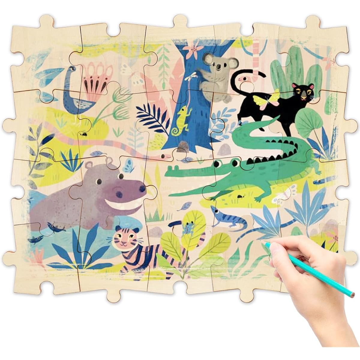 50 Piece Blank Wooden Puzzle Jumbo Size Each Piece is 4x3.2 Inches Unfinished Free Form Large Jigsaw Puzzle Pieces for Arts & Crafts DIY Natural Wood Puzzle Pieces
