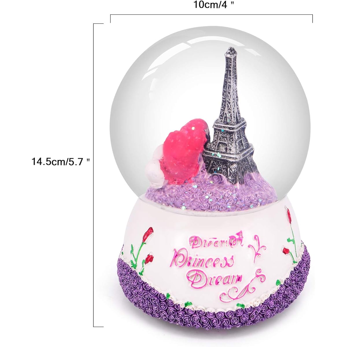 QTKJ Paris Snow Musical Globe with Rotating Tower Eiffel Tower Snow Globe Rose Flower Vase 100mm 6 Inch Height Souvenir Collection (Purple)