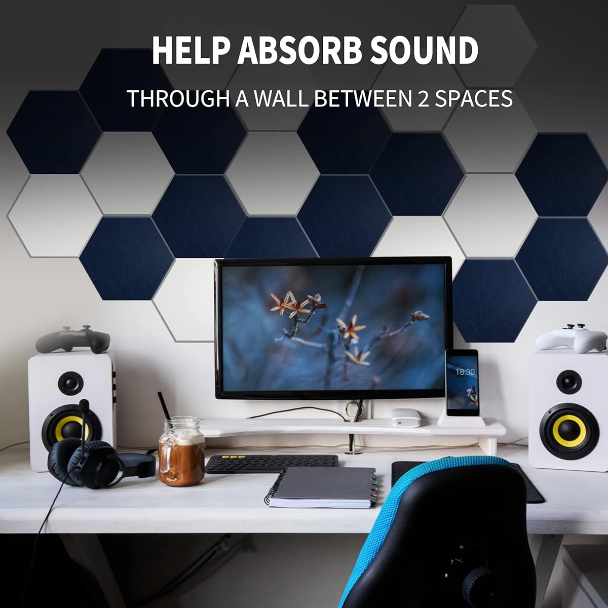 Mollywell Hexagon Acoustic Panels High Density Soundproofing Decorative Noise Reduction Felt Wall Tiles for Ceiling Home Office Game Room (Moon Gray) 14x12x0.4 Inch