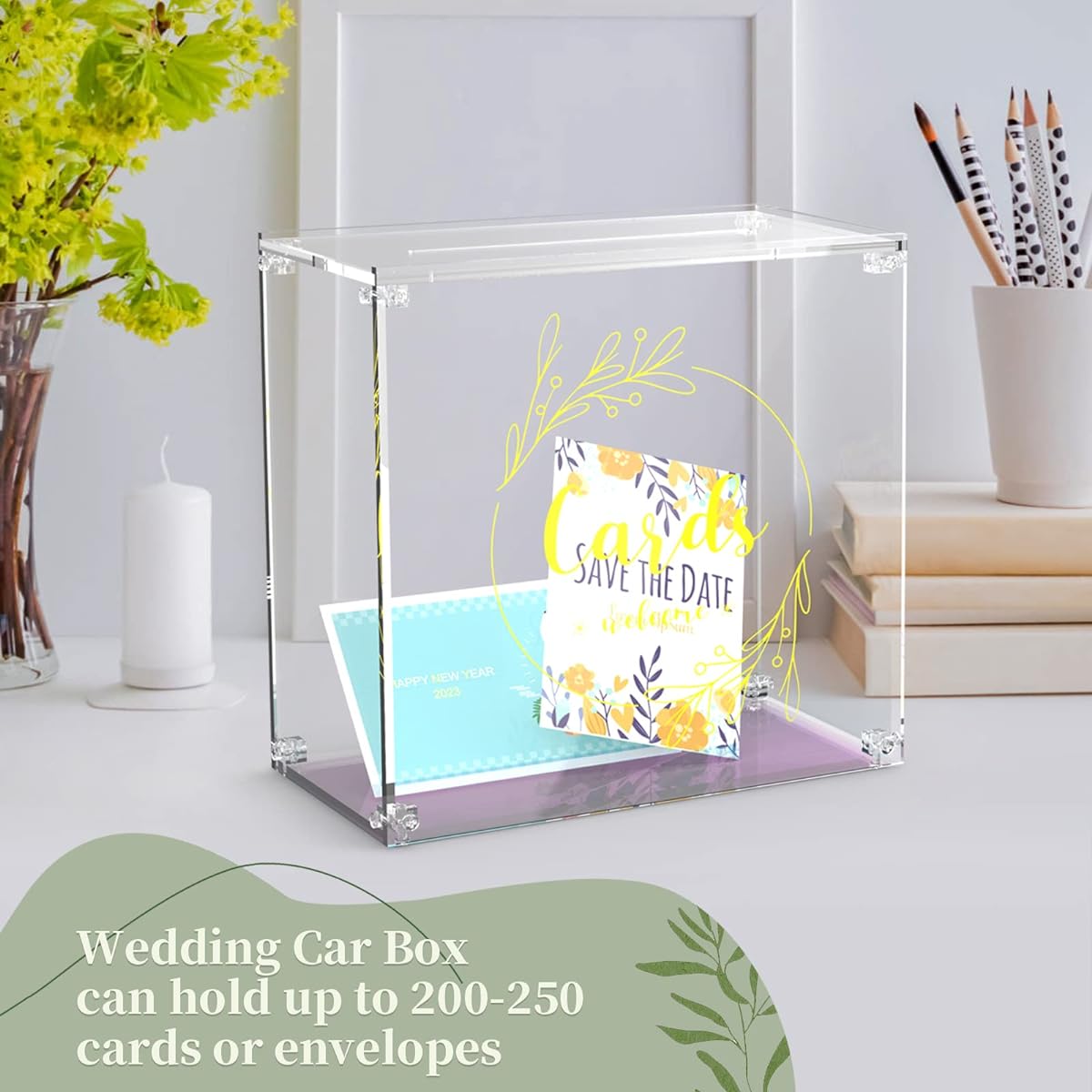NAOCARD Wedding Card Box for Reception Clear Acrylic Box with Lid Collect Card Envelope Honey Moon Fund Money - Requires Assembly with Crystal Screws