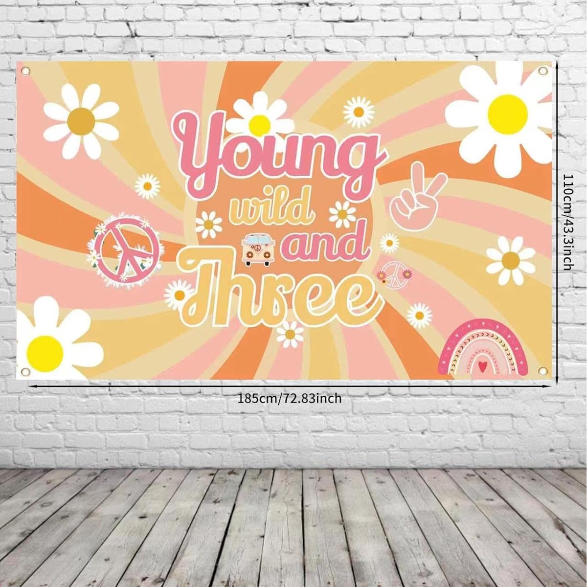 3 Groovy Birthday Decorations Young & Wild 3 Backdrop Banner Retro Hippie Boho Girl 3rd Birthday Party Photo Background Daisy Flower Floral Party 3rd Birthday Supplies Groovy Party