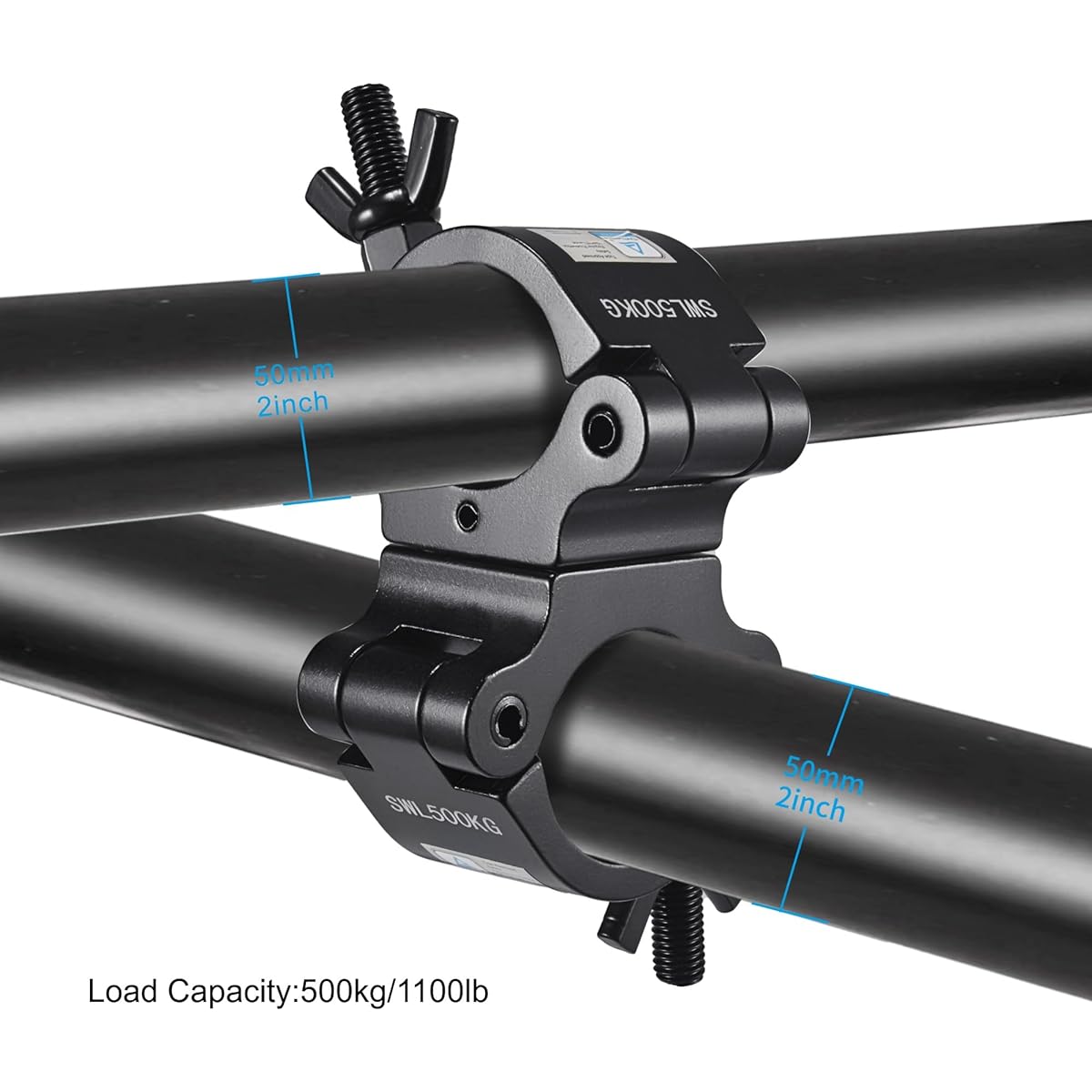 TUV Pro Swivel Truss Clamp Black 2" Pack of 2 Rualin Heavy Duty 500kg Swivel Coupler 50mm Truss Clamp Dual Head Rotation as Needed 2 Pieces 360 Degree Lighting Clamps Truss OD 48-52mm / 2"