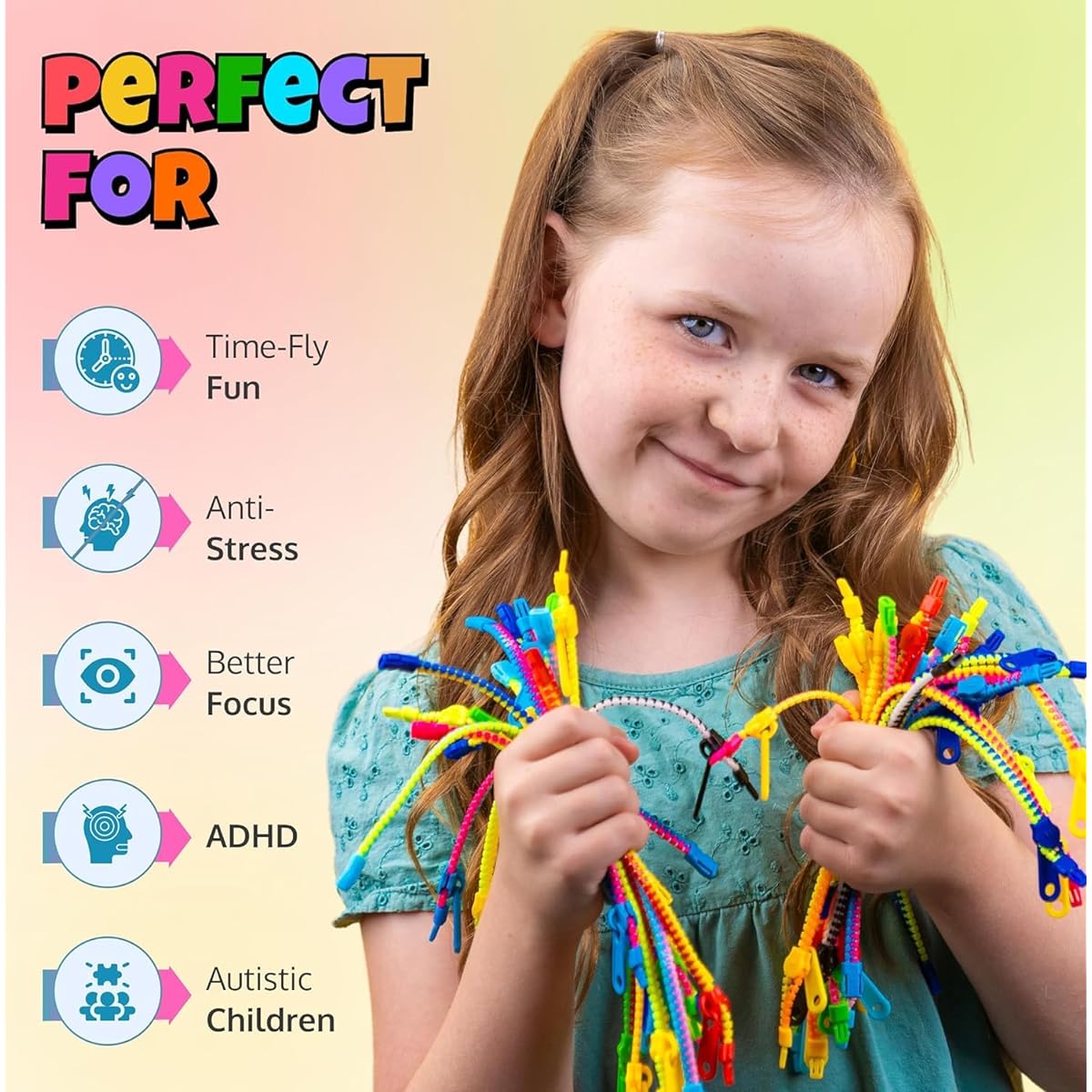 UpBrands 72 Classroom Rewards for Kids Party Favors Friendship Zipper Bracelets 7.5 Inch Sensory Bulk Set Fidget Toys Easter Basket Stuffers Valentine's/Birthday Kit Easter Egg Fillers