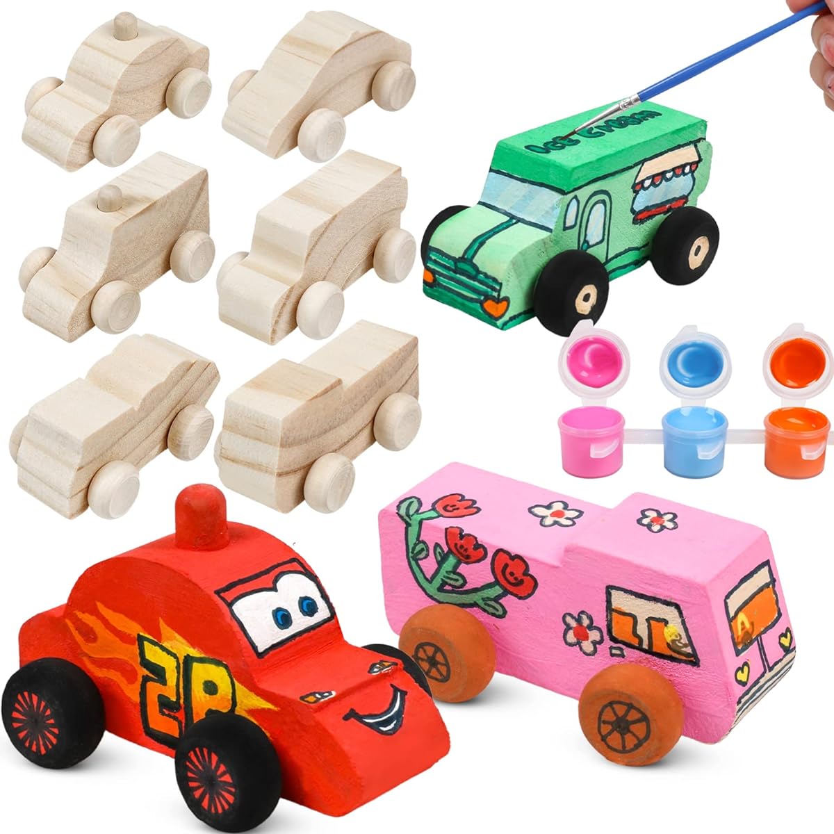12pcs Wooden DIY Car Toys Unfinished Wooden Cars Paintable Wooden Car Blocks Crafts Student Home Activity Easy Woodworking and Family Time Set