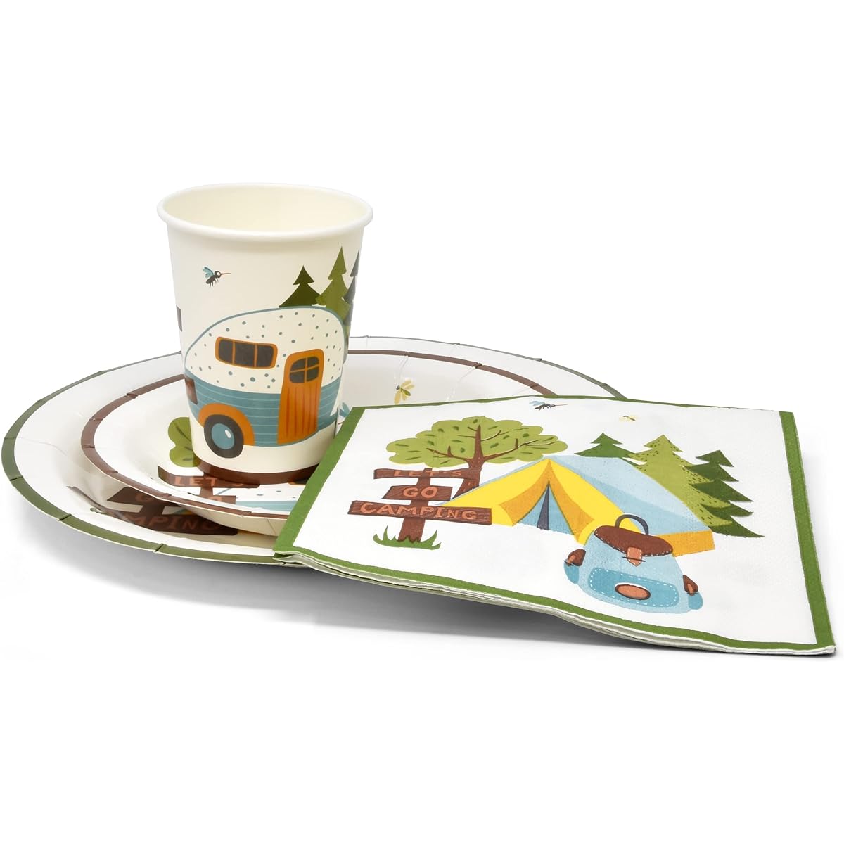 Camping Adventure Party Supplies Tableware Set 24 9" Dinner Plates 24 7" Plates 24 9oz Cups 24 Lunch Napkins Camping Out Campfire Forest Nature Hiking Camper Birthday Disposable Tableware Paper Goods