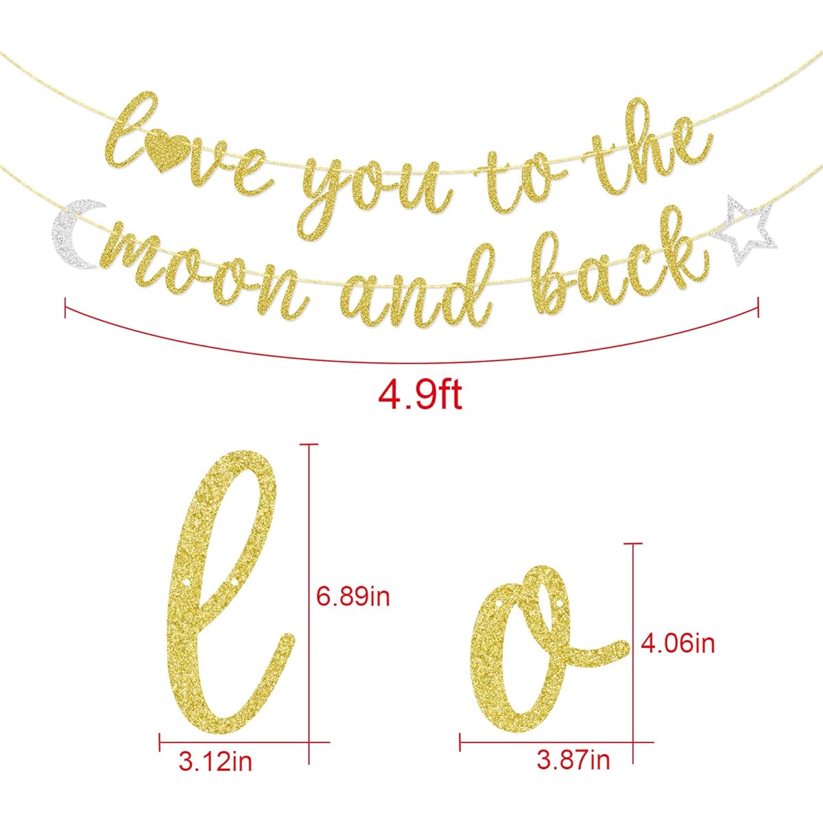 Love You to the Moon and Back Banner Wedding Bridal Shower Baby Shower Anniversary Party Decorations Gold Glitter
