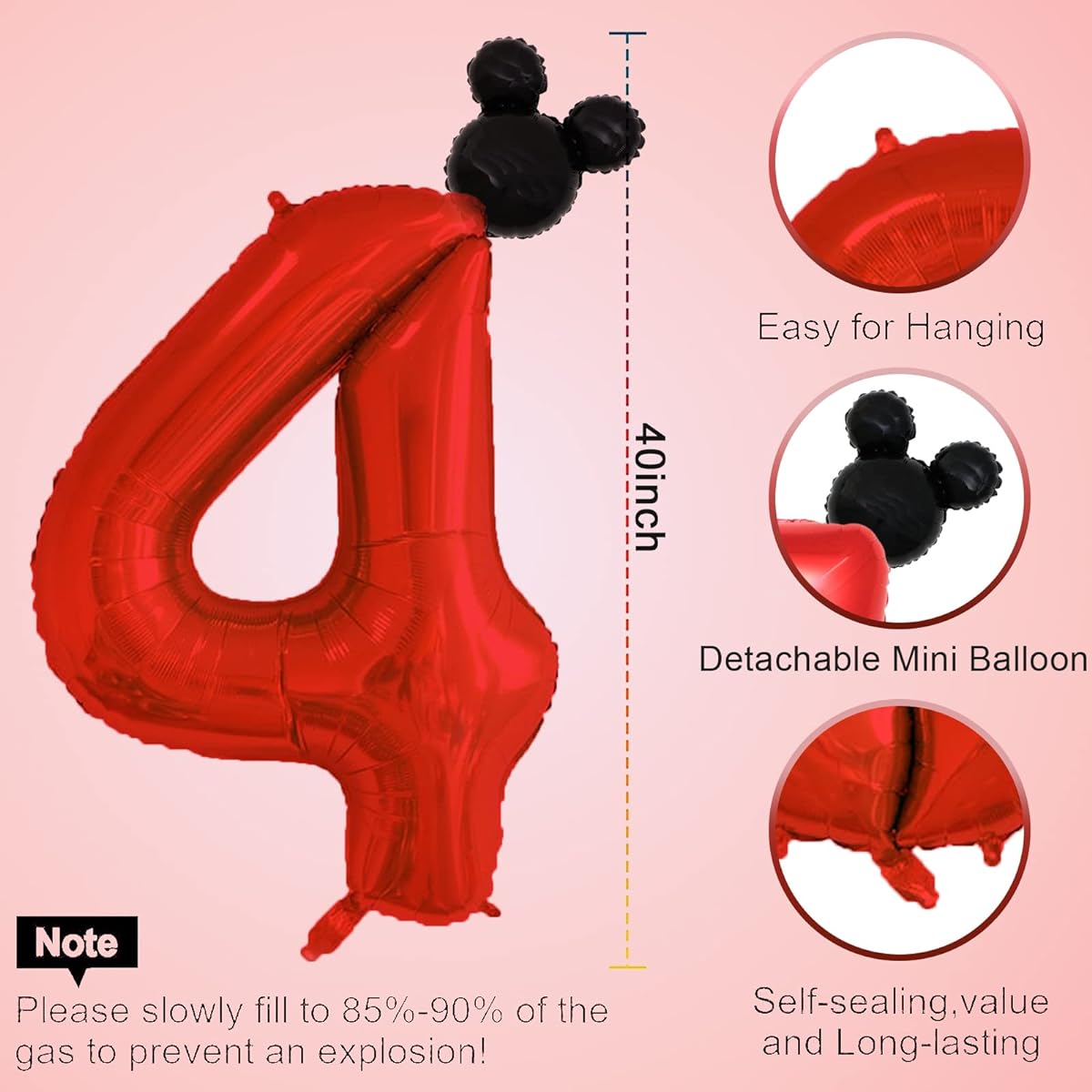 40 Inch Red Number 4 Balloons & Mini Mouse Head Balloons, 4th Birthday Party Decorations Balloons, Cartoon Mouse Birthday Party Supplies Baby Shower Decorations, Red Black Theme Party Decorations Supplies