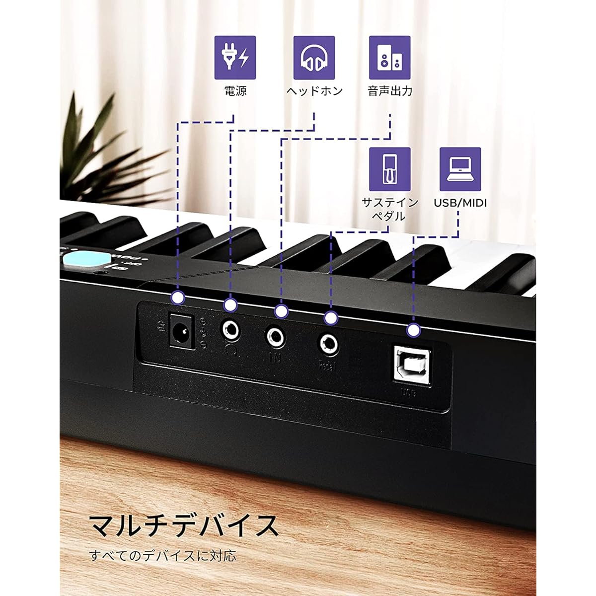 mode. The electronic lowboard 88-key keyboard has 128 tones, 128 rhythms, and can be powered by an AC adapter or 4 alkaline AA batteries. MIDI function and various external connections, keyboard stand, headphones, sustain pedal, music stand, storage bag