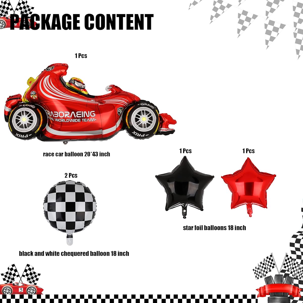 Race Car Balloons Tire Balloons Car Wheel Balloons Baby Shower Kids 2 Pieces Fast Race Car Theme Birthday Party Decoration Supplies Set of 5