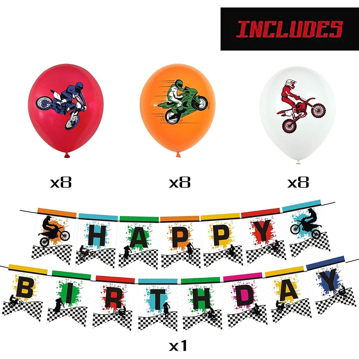 ANYMONYPF Motocross Bunting Banner Dirt Bike Birthday Party Supplies Banner Cake Topper Latex Balloons for Dirt Bike Themed Birthday Party