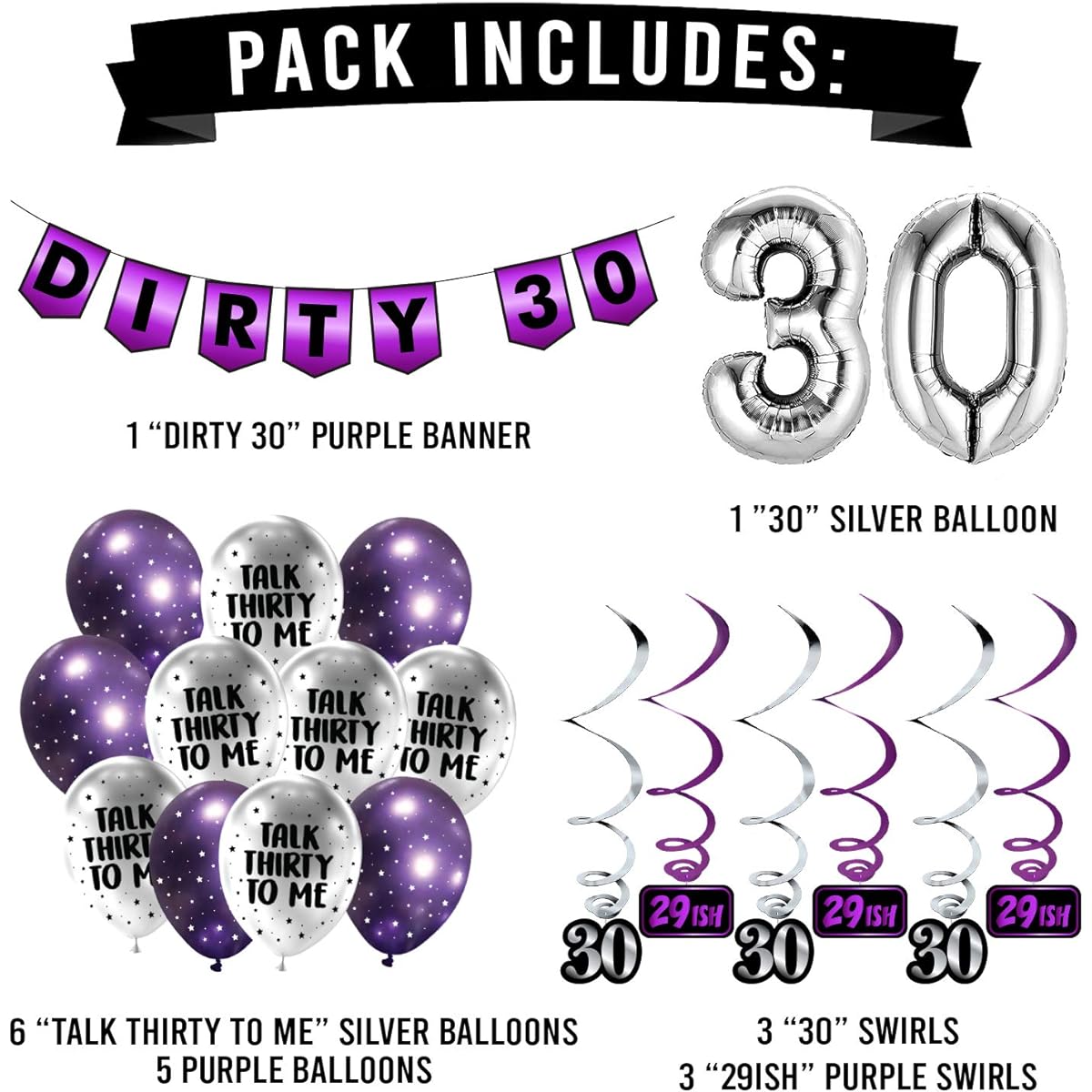 30th Birthday Party Pack, Purple 30th Birthday Banner, Balloons and Swirls Pack, Birthday Decorations, 30th Birthday Party Supplies, Favors, Gifts