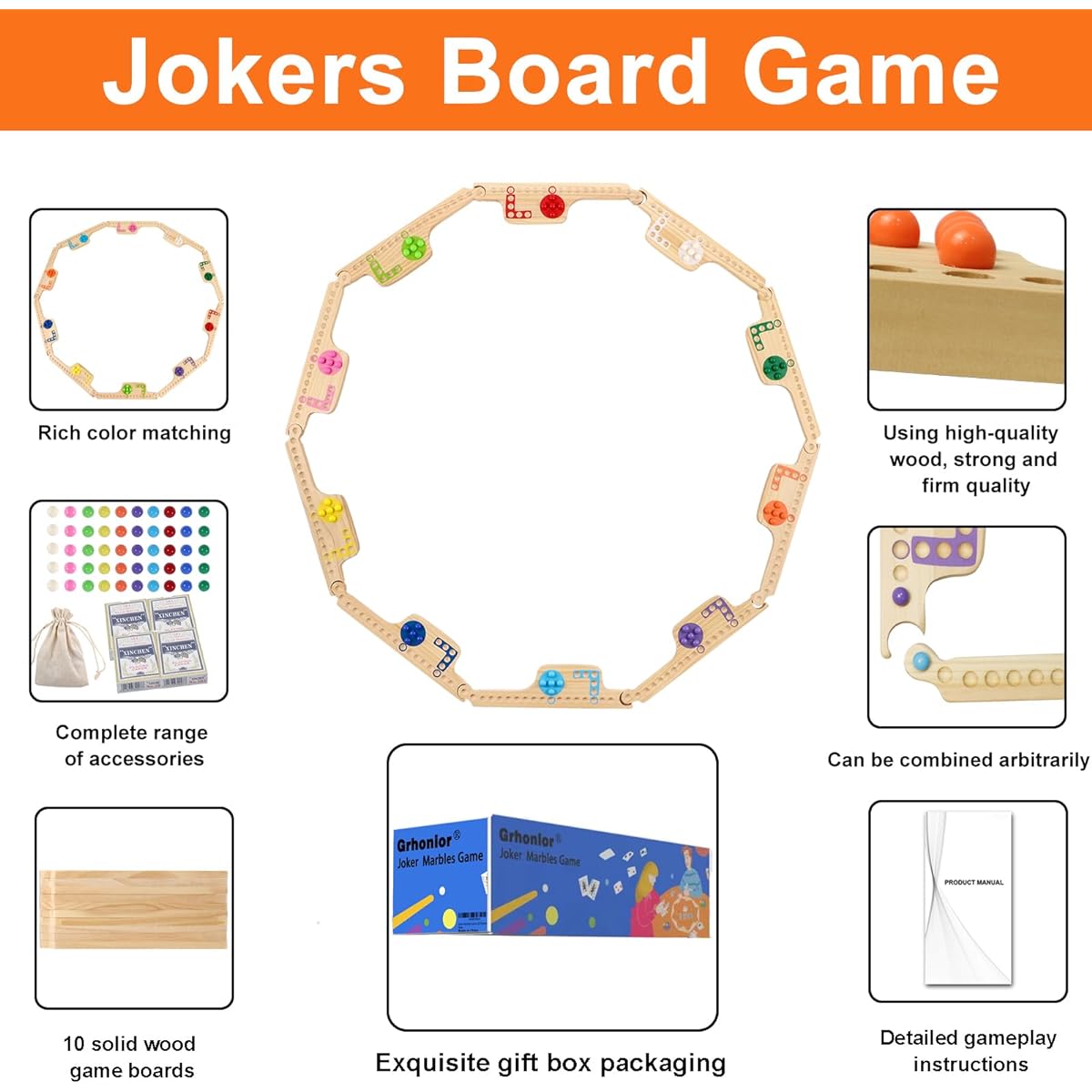 Grhonior Marbles and Jokers Board Game Pegs and Jokers Wooden Game Board Wooden Game Board for 2-10 Players 10 Game Boards 10 Colors 50 Marbles 4 Boxes Cards
