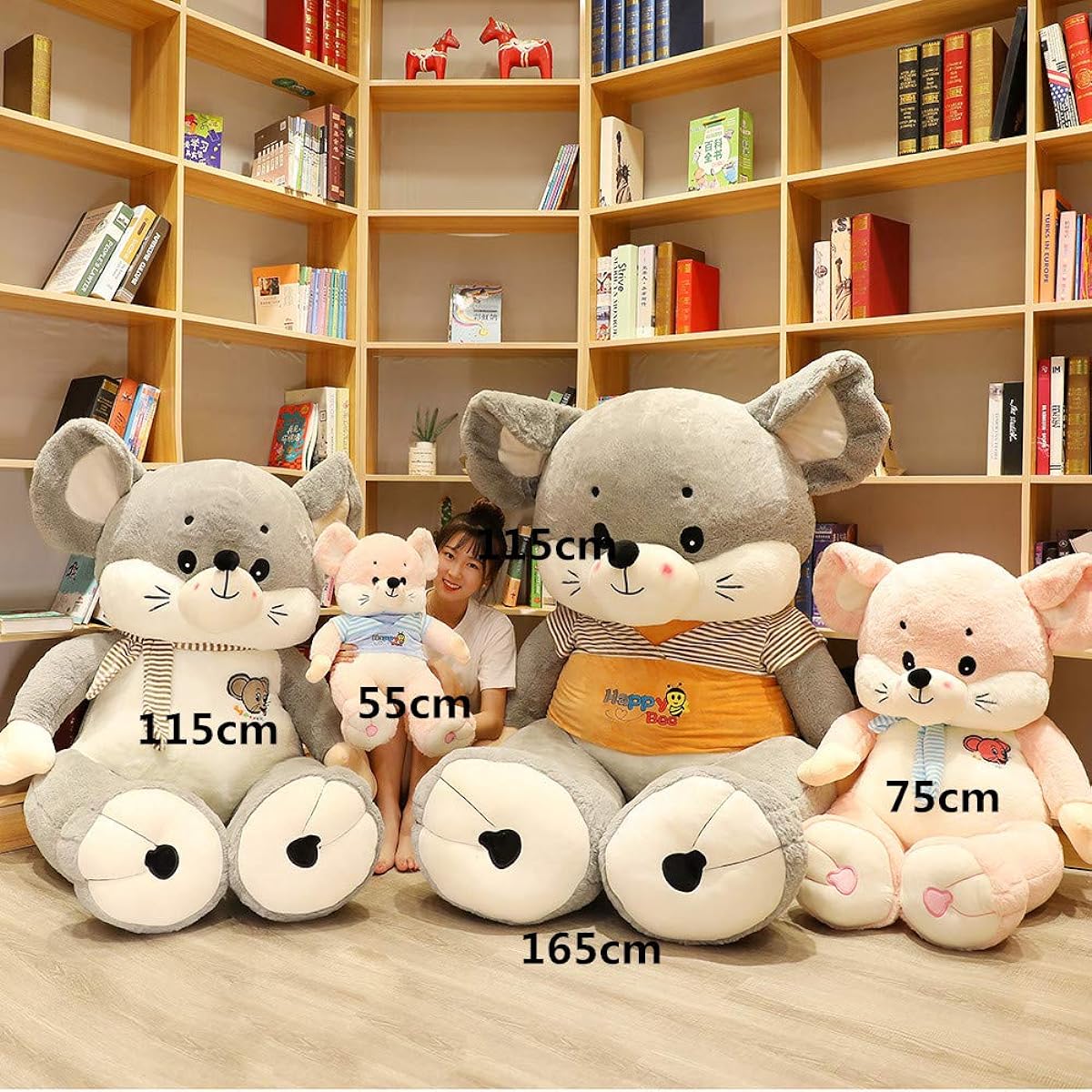 HYAKURI Plush Toy Extra Large Bear Mouse Teddy Bear Christmas Extra Large Animal Stuffed Animal Body Pillow Character Mouse Birthday Present Interior Bear Stitch Wrapped Figurine Store Decoration (No Gray Clothes, 165cm)