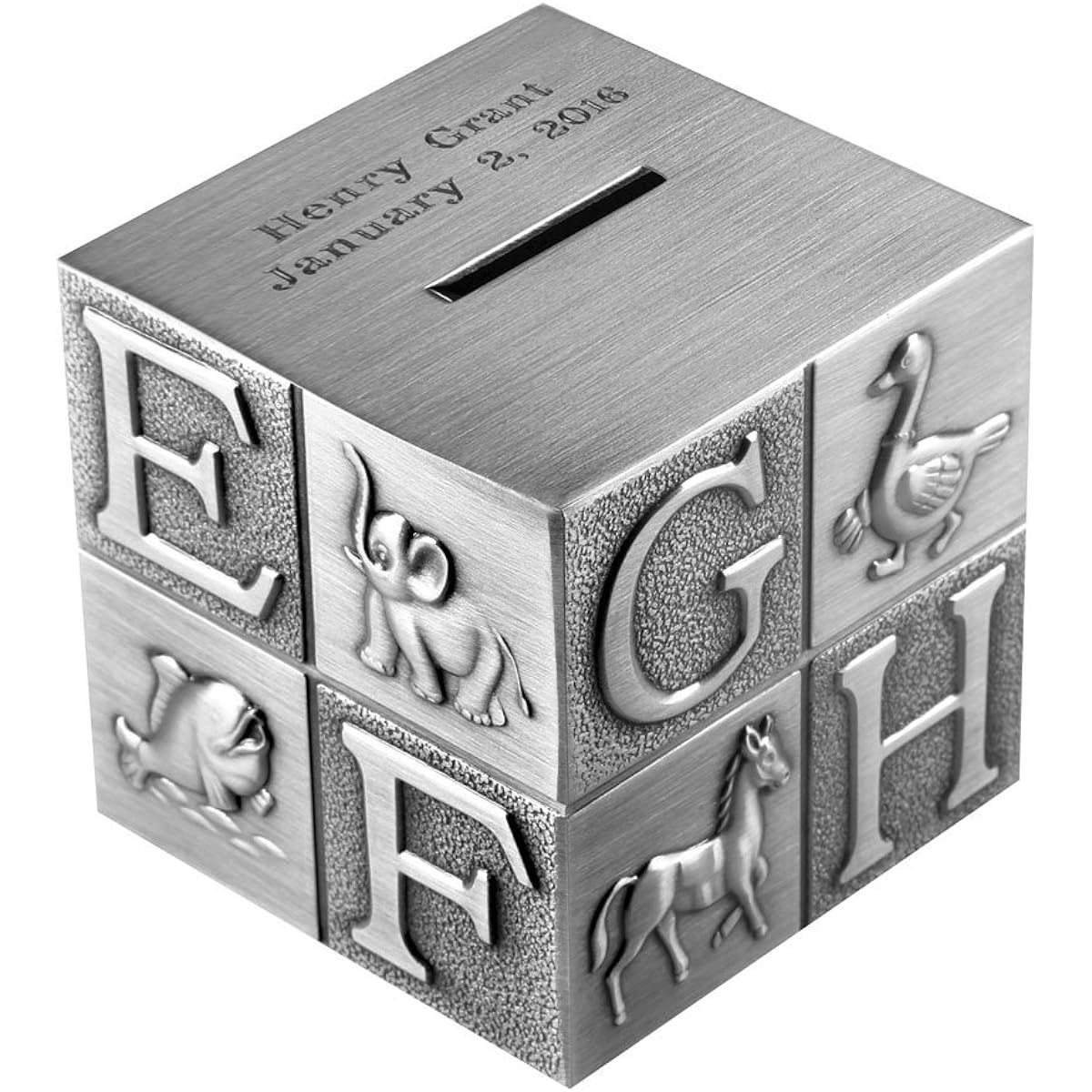 ABC Blocks Custom Engraved Piggy Bank - Brushed Nickel Personalized