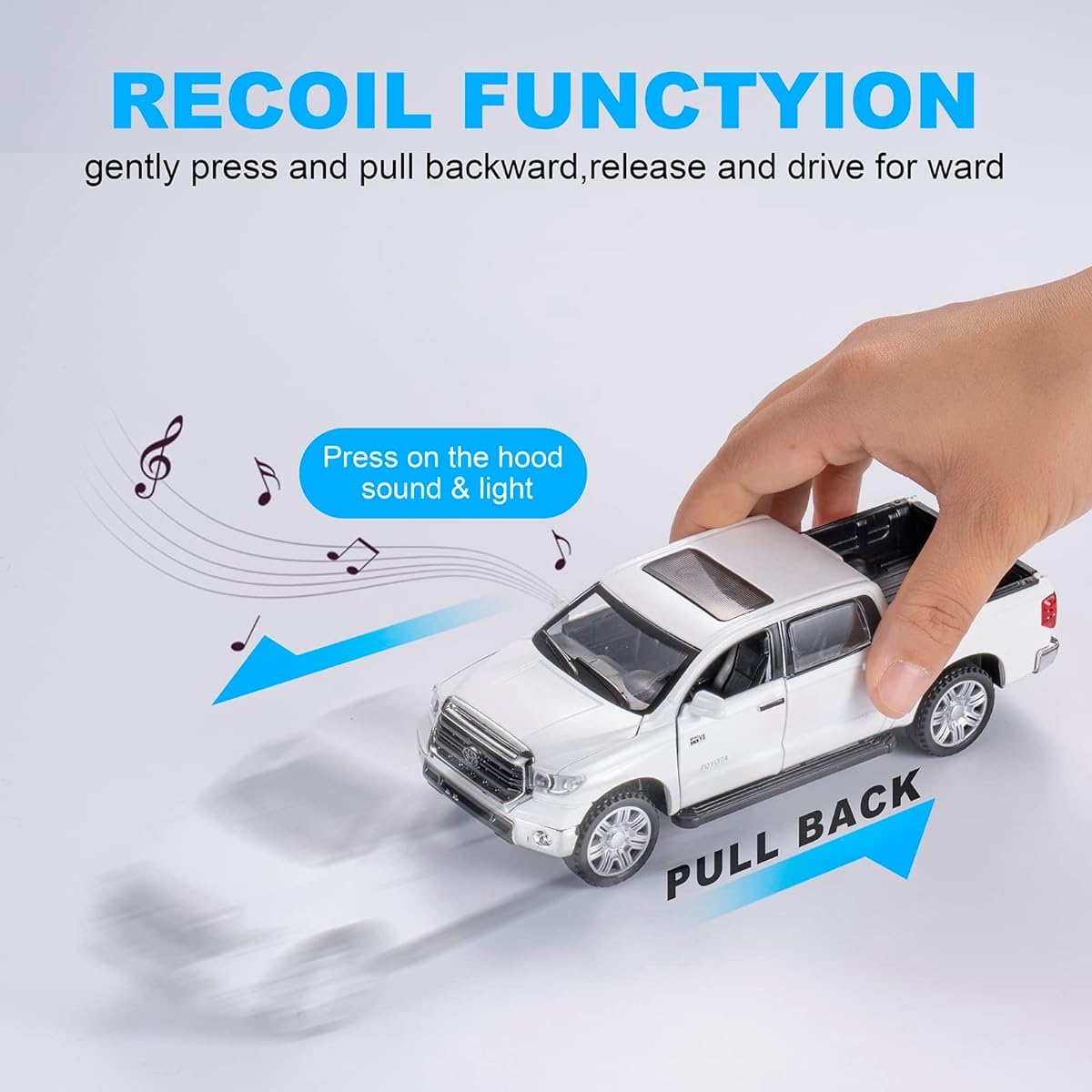 SASBSC Toy Trucks for Boys Tundra Pickup Model Truck Toys Diecast Metal Toy Trucks with Lights and Sounds Collectible Pull Back Car Model Toys for Kids Ages 3+ (White)
