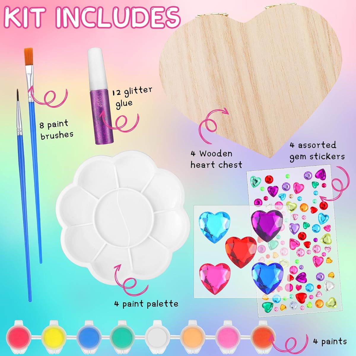 Geetery 4 Sets Kids Heart Treasure Box Kit, Make Your Own Heart Box Art Kit for Toddlers Girls Wooden Arts & Crafts Easter Gifts, DIY Box Painting Project Gifts for Kids