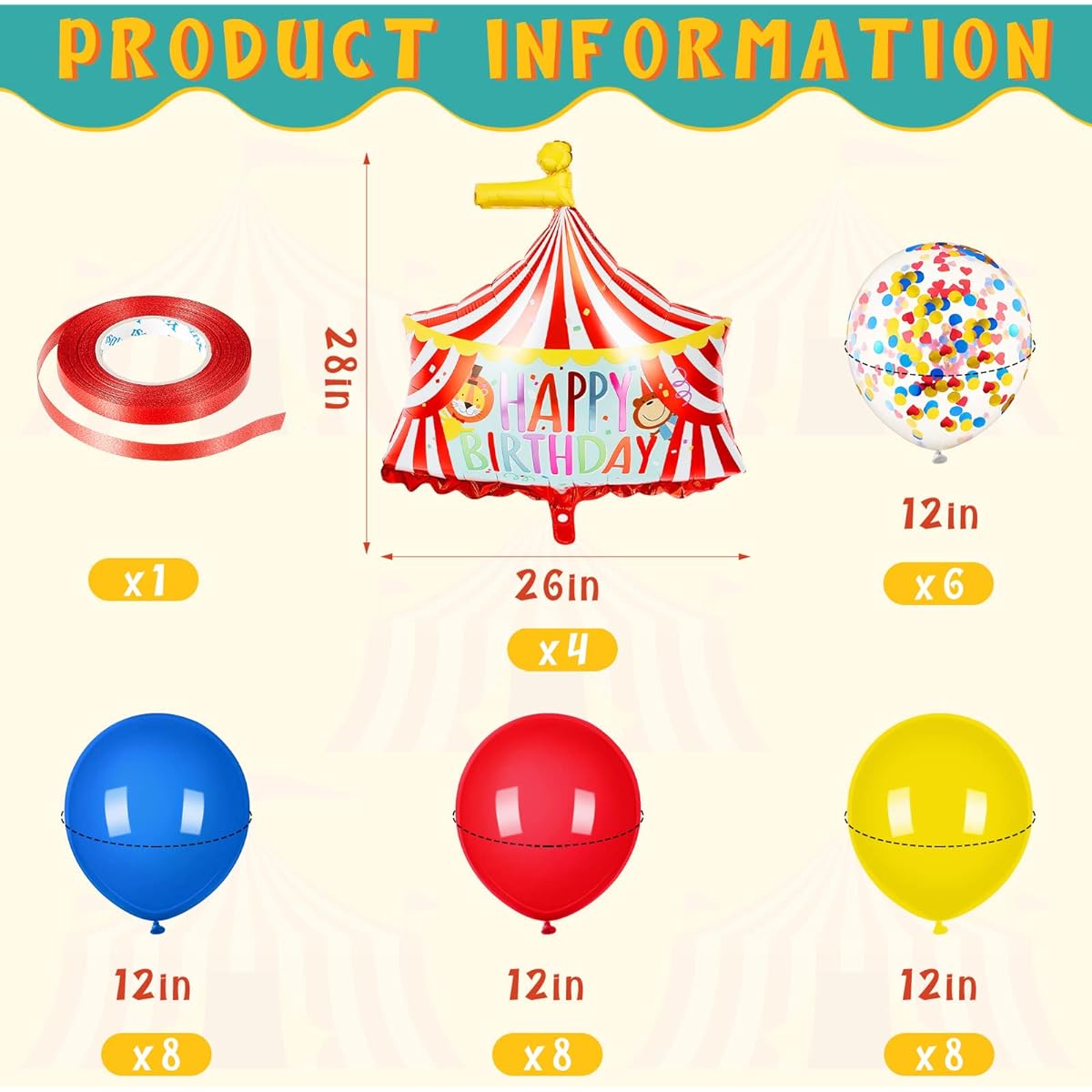 Circus Foil Balloons Large Happy Birthday Carnival Tent Balloons 2pcs Popcorn Balloons Circus Carnival Latex Balloons 6pcs Red Yellow Blue Sequins Balloons with Ribbon for Party Decorations