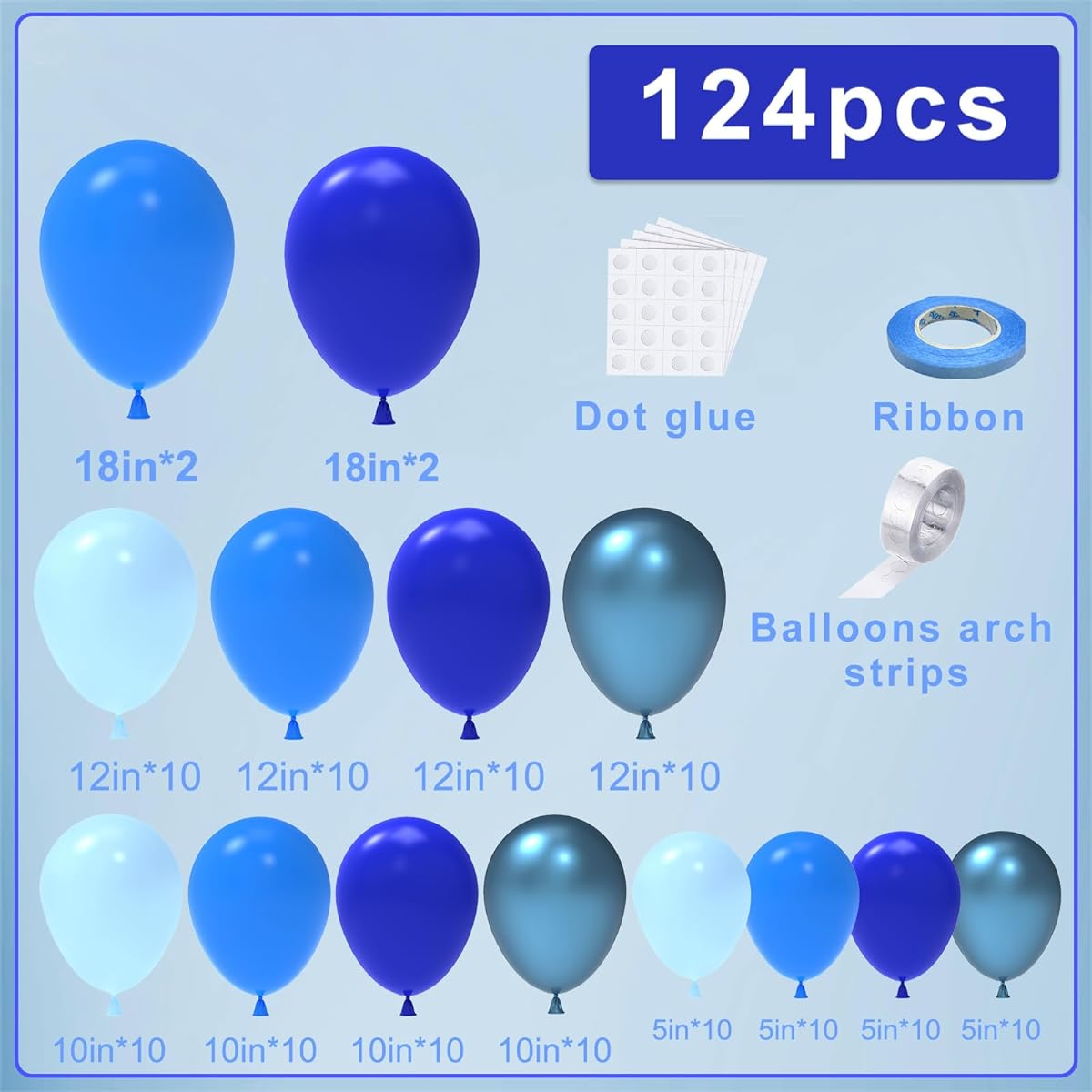 NISOCY 124pcs Different Blue Balloon Arch Garland Kit 18inch 12inch 10inch 5inch Light Blue Royal Blue Metallic Blue Balloon Arch for Engagement Wedding Birthday Baby Shower Party Decorations